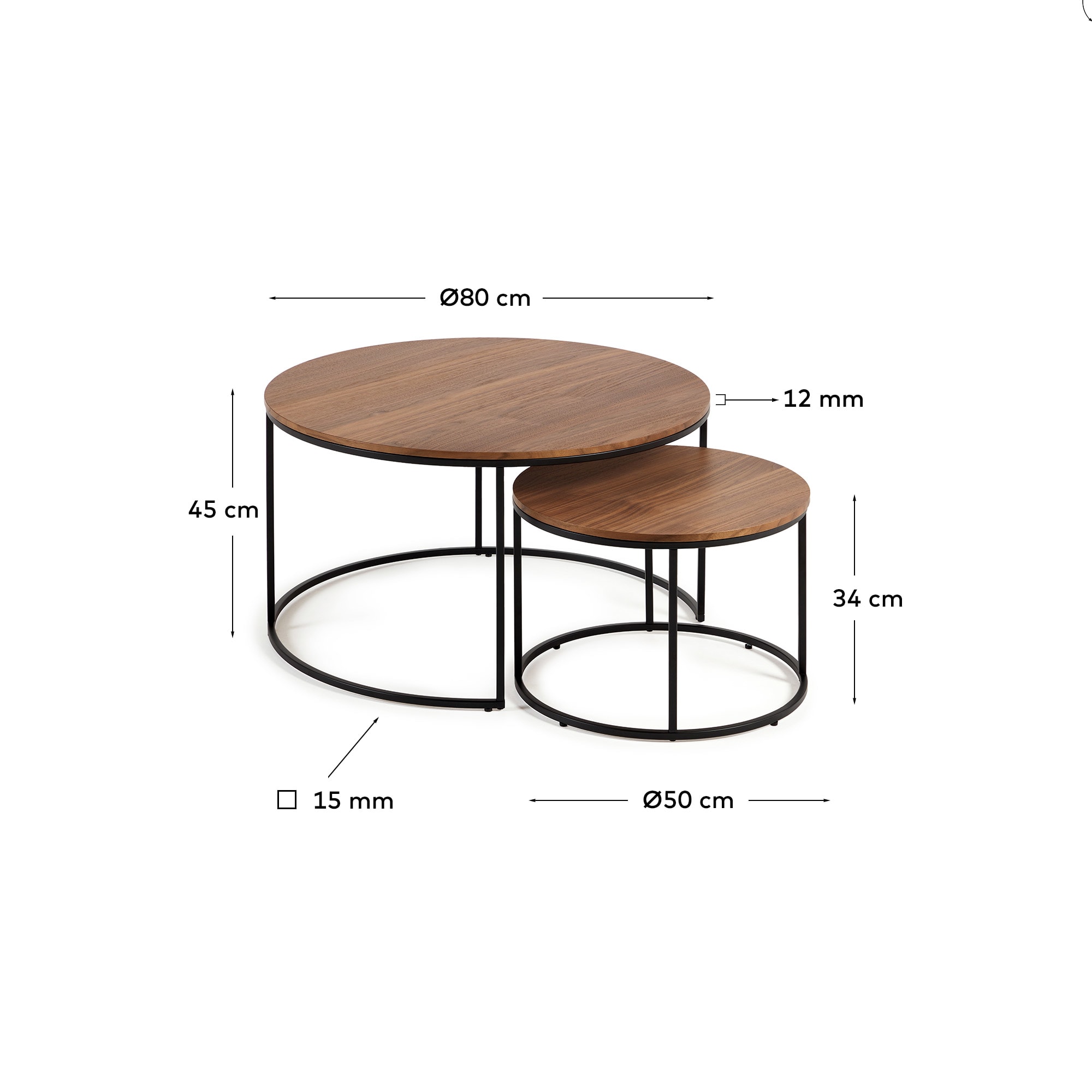 Yoana set of 2 nesting side tables with walnut veneer and black metal, Ø 80 cm / Ø 50 cm