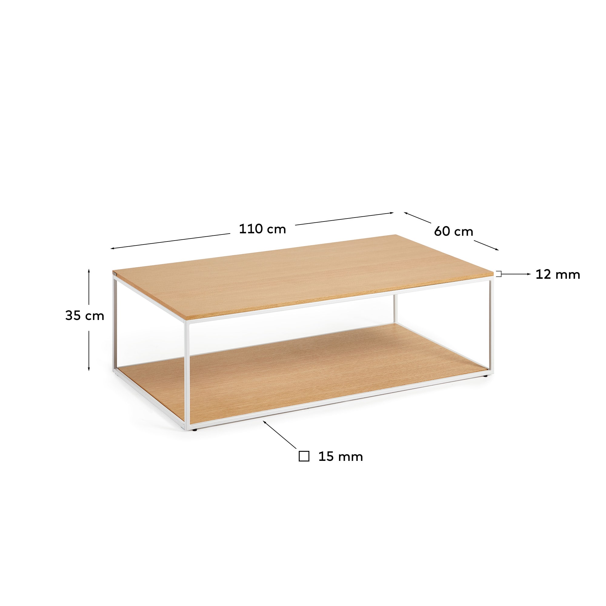 Yoana coffee table with oak veneer table top and base, white metal structure, 110 x 60 cm