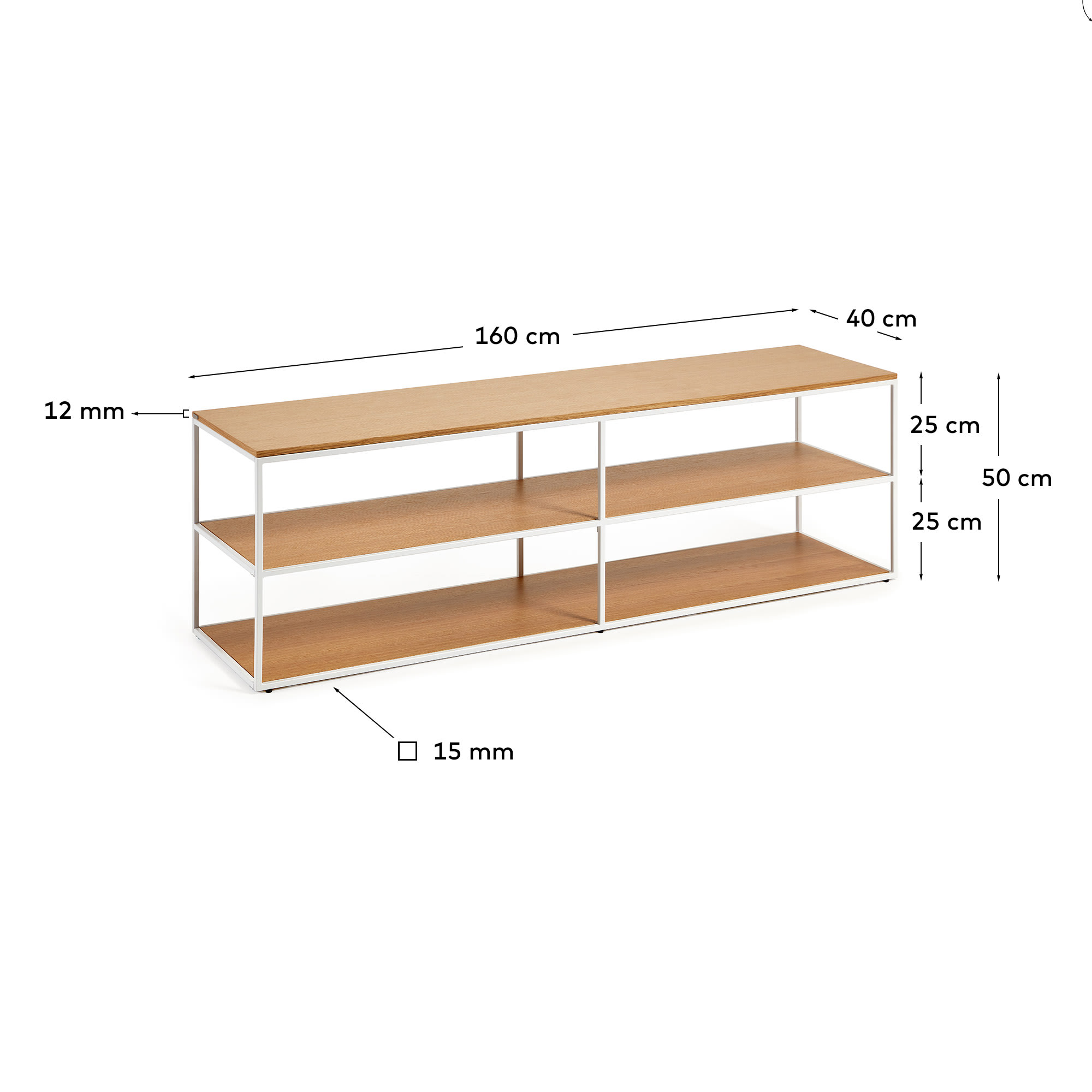 Yoana TV stand with oak veneer and painted white metal structure, 160 x 40 cm