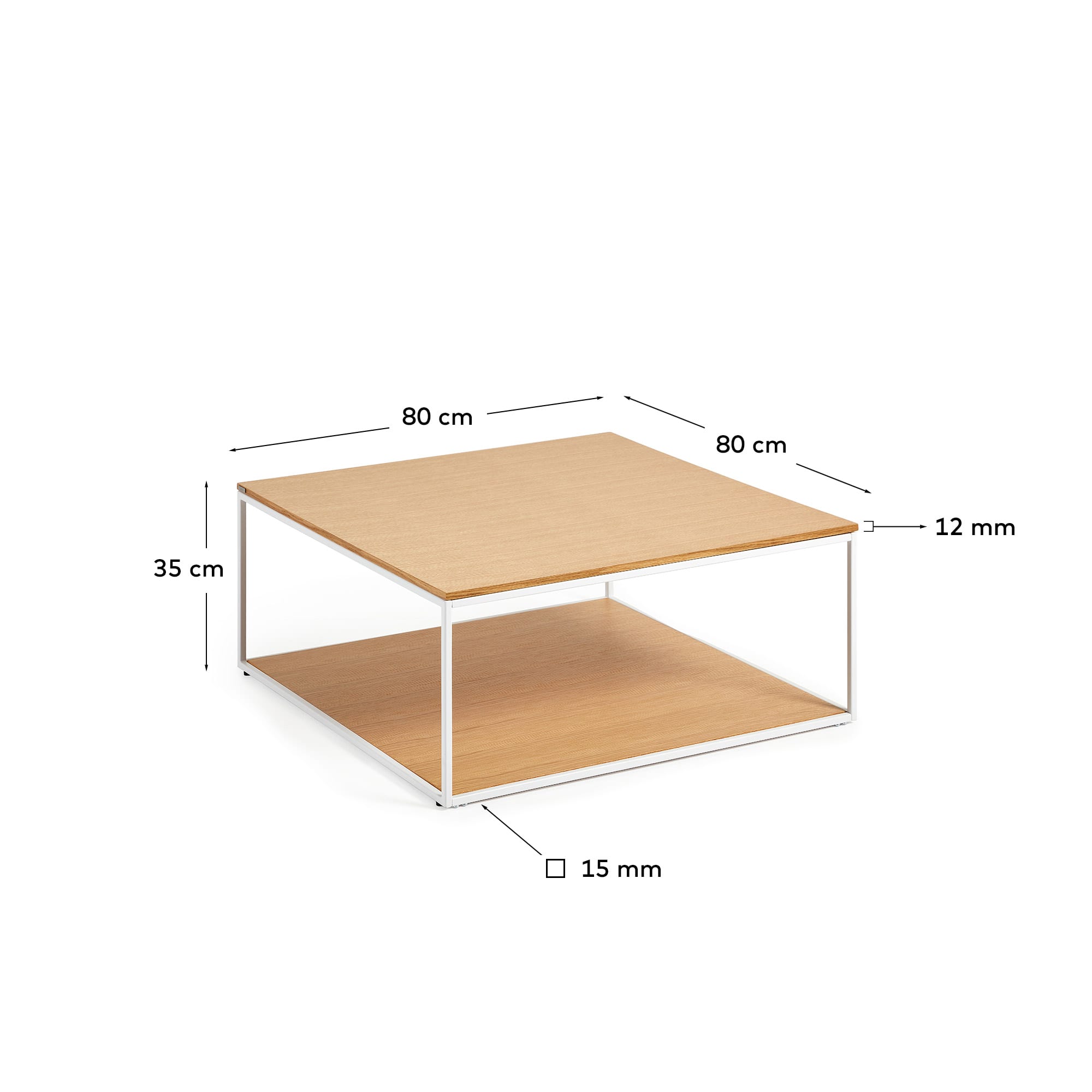 Yoana coffee table with oak veneer table top and base, white metal structure, 80 x 80 cm