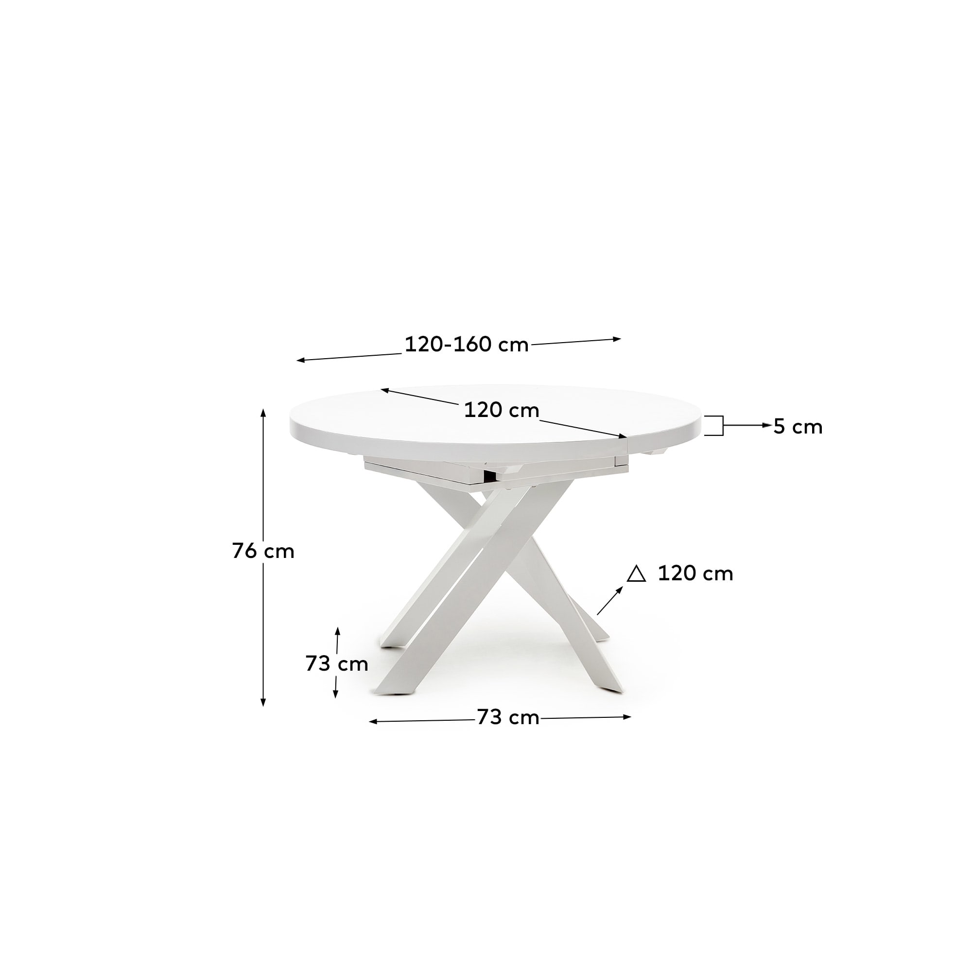 Vashti extendable round table in glass and MDF with steel legs in white, Ø 120(160)x120cm