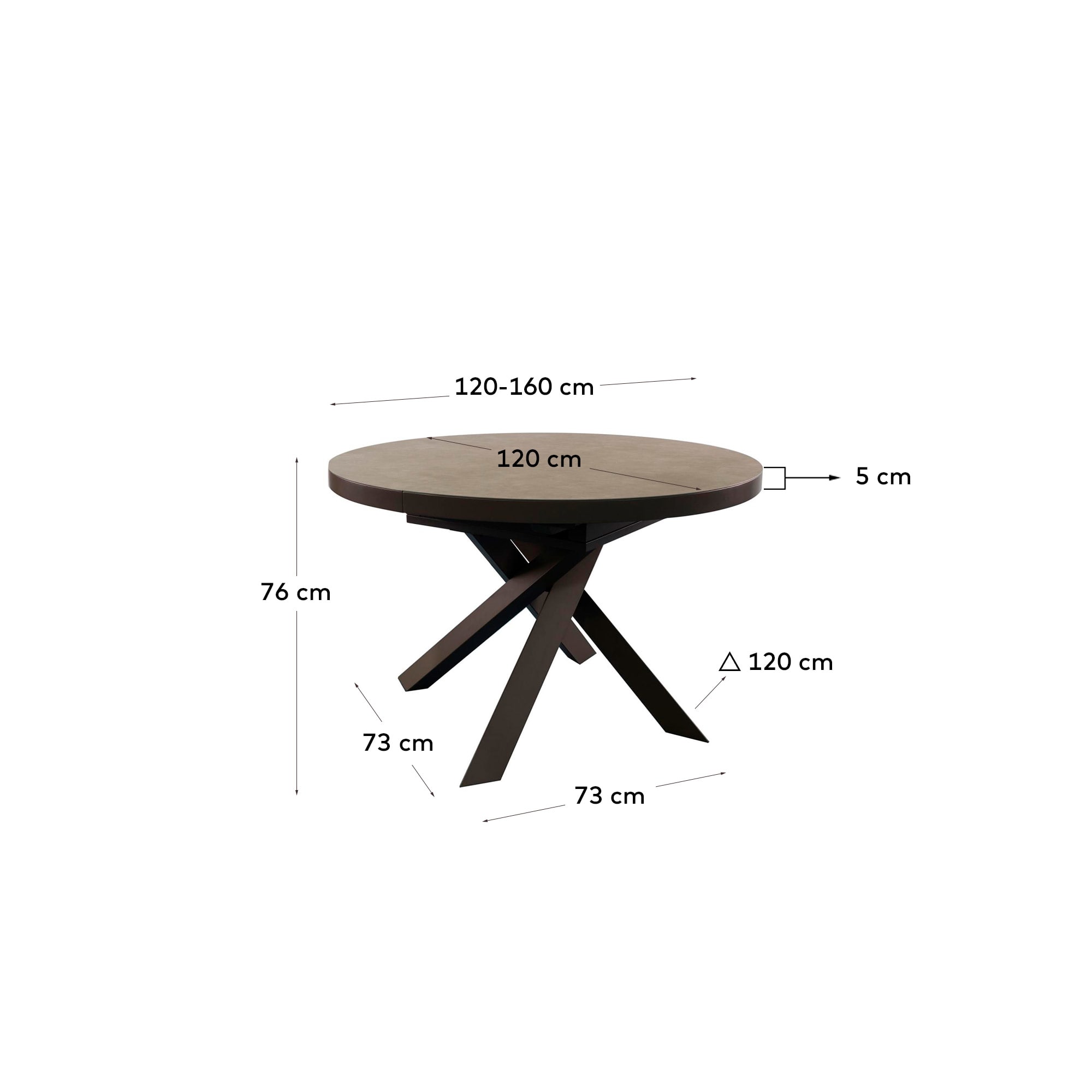 Vashti round extendable table, porcelain and steel legs with a brown finish, Ø 120(160) cm