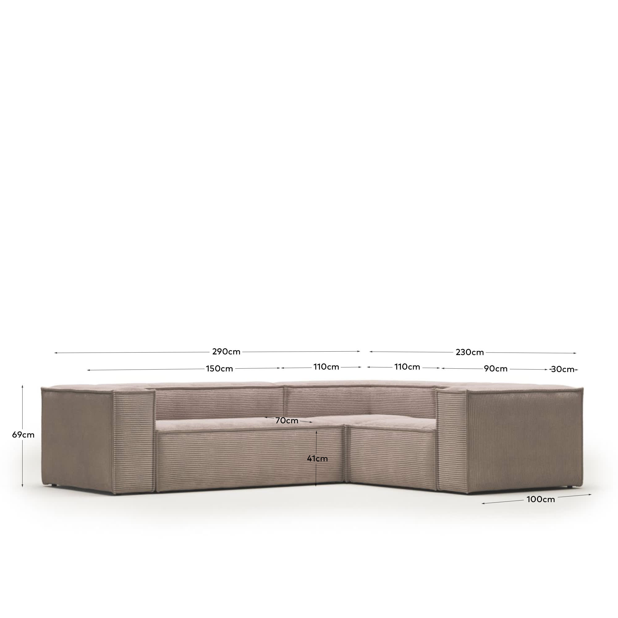 Blok 3 seater corner sofa in pink wide seam corduroy, 290 x 230 cm / 230 cm 290 cm FR