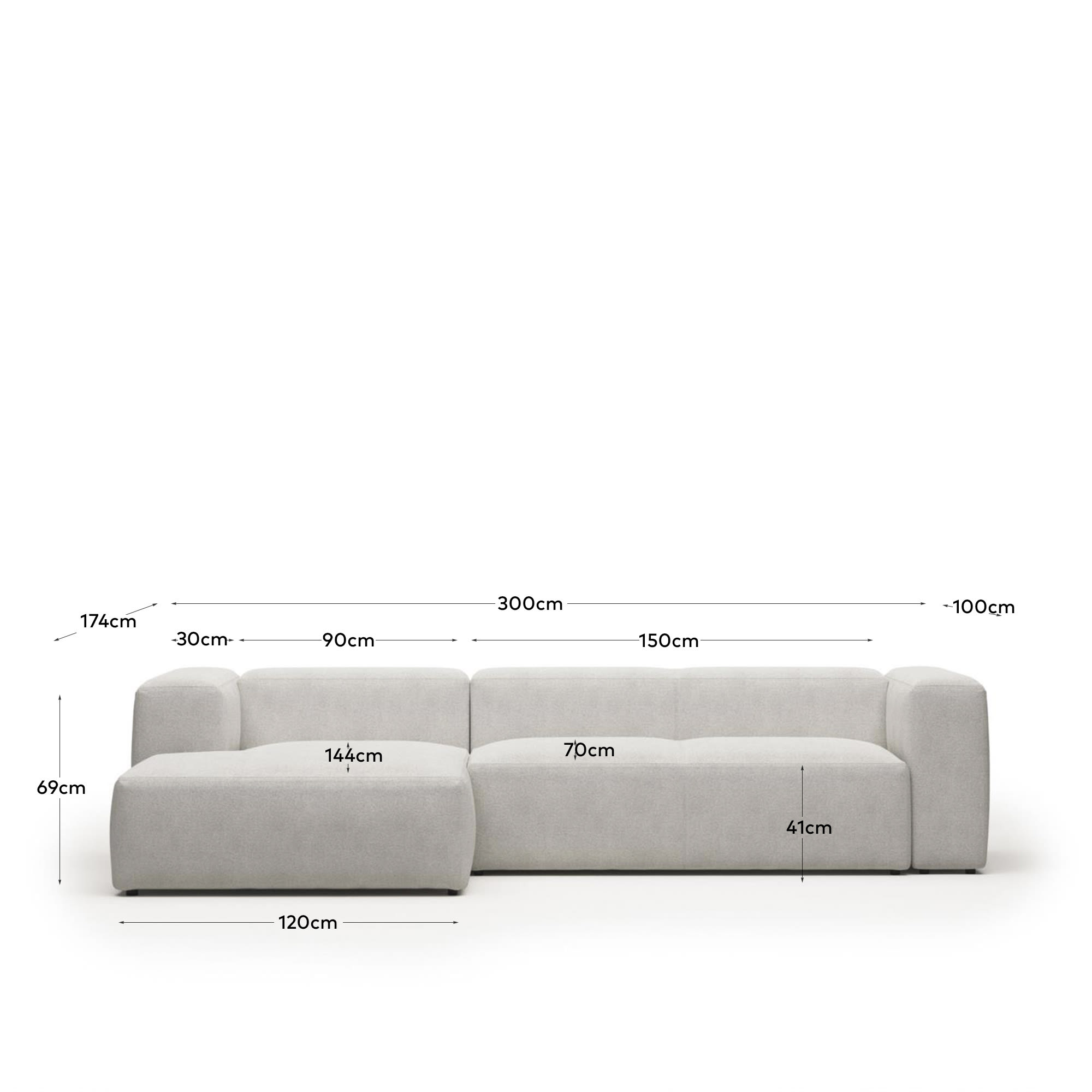 Blok 3 seater sofa with left side chaise longue in white fleece, 300 cm FR