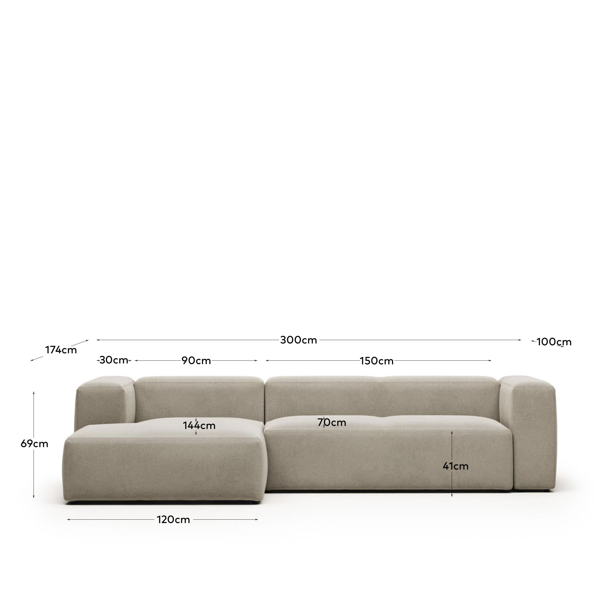 Blok fire-retardant 3-seater sofa with left chaise longue in beige chenille 300cm