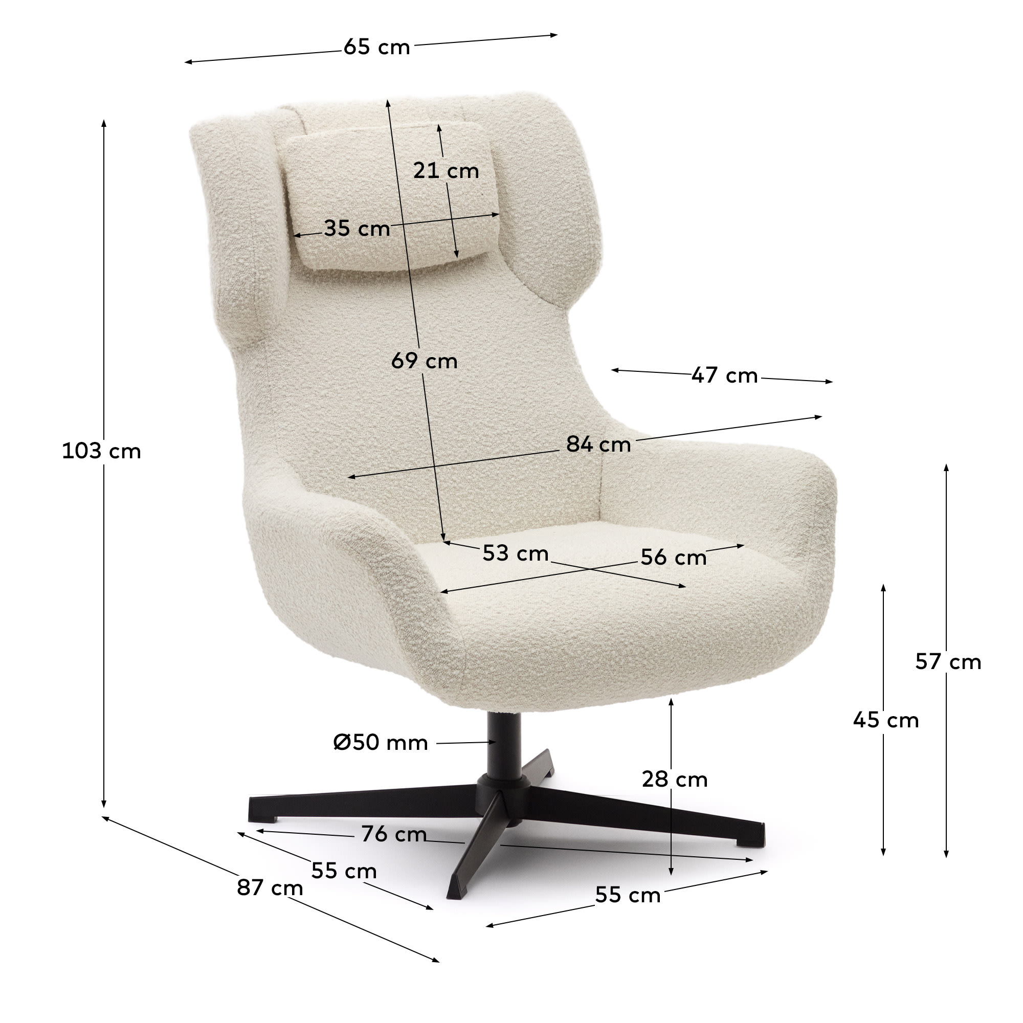 Zalina swivel armchair in white bouclé and steel with black finish FSC 100%