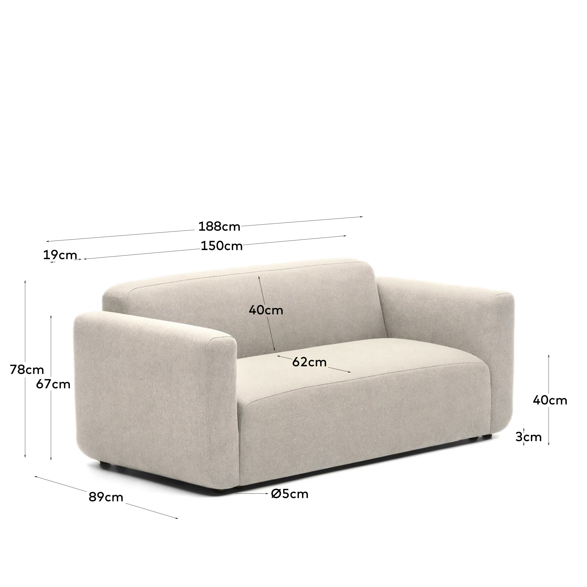 Neom 2 seater modular sofa in beige, 188 cm - sizes
