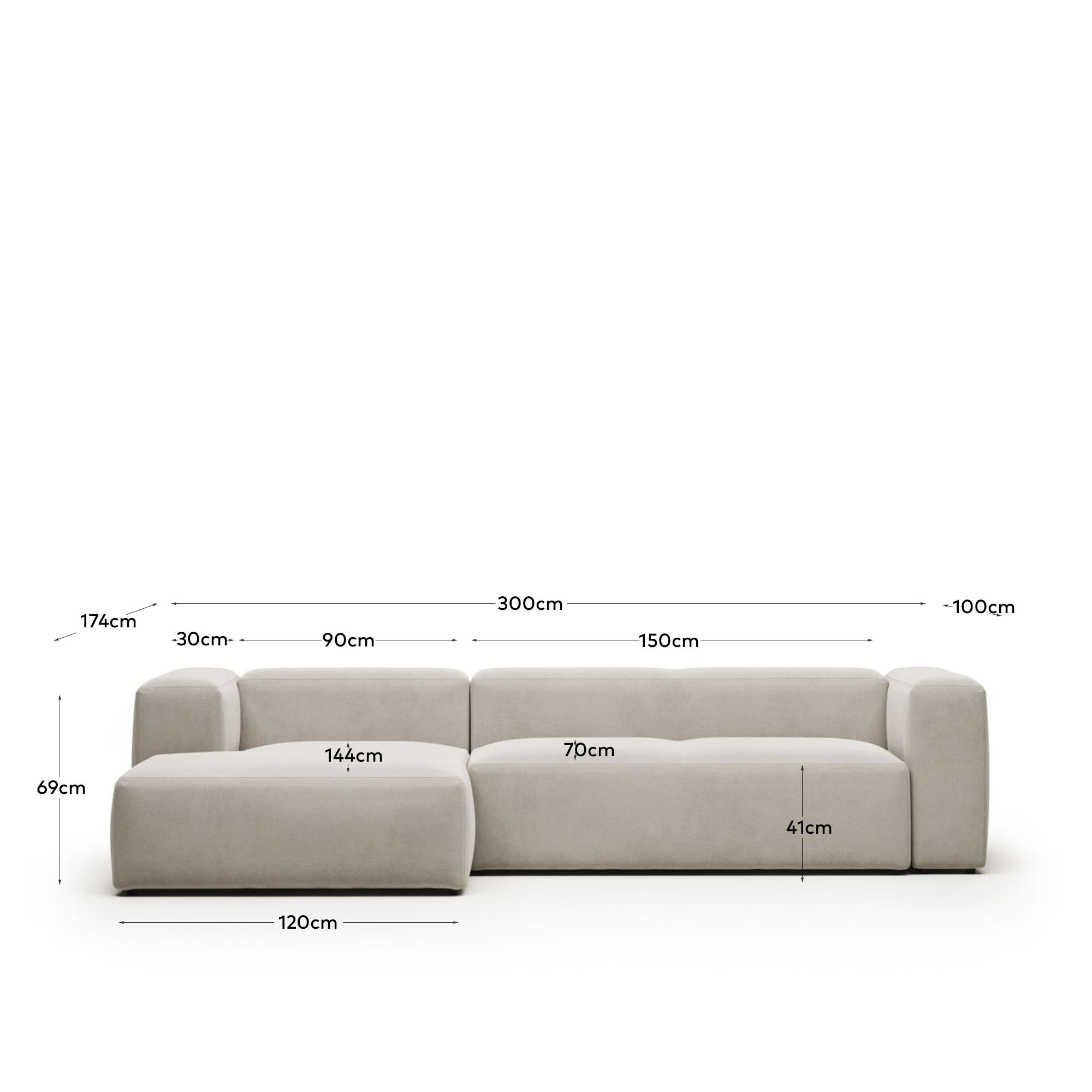 Blok fire-retardant 3-seater sofa with left chaise longue in white chenille 300cm