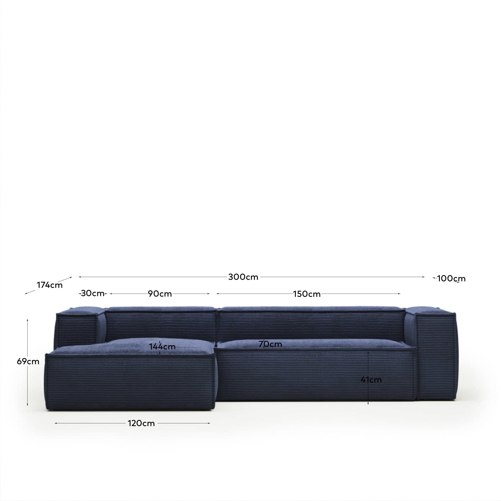 Blok fire-retardant 3-seater sofa with left chaise longue in thick blue corduroy 300cm FSC Mix Credit