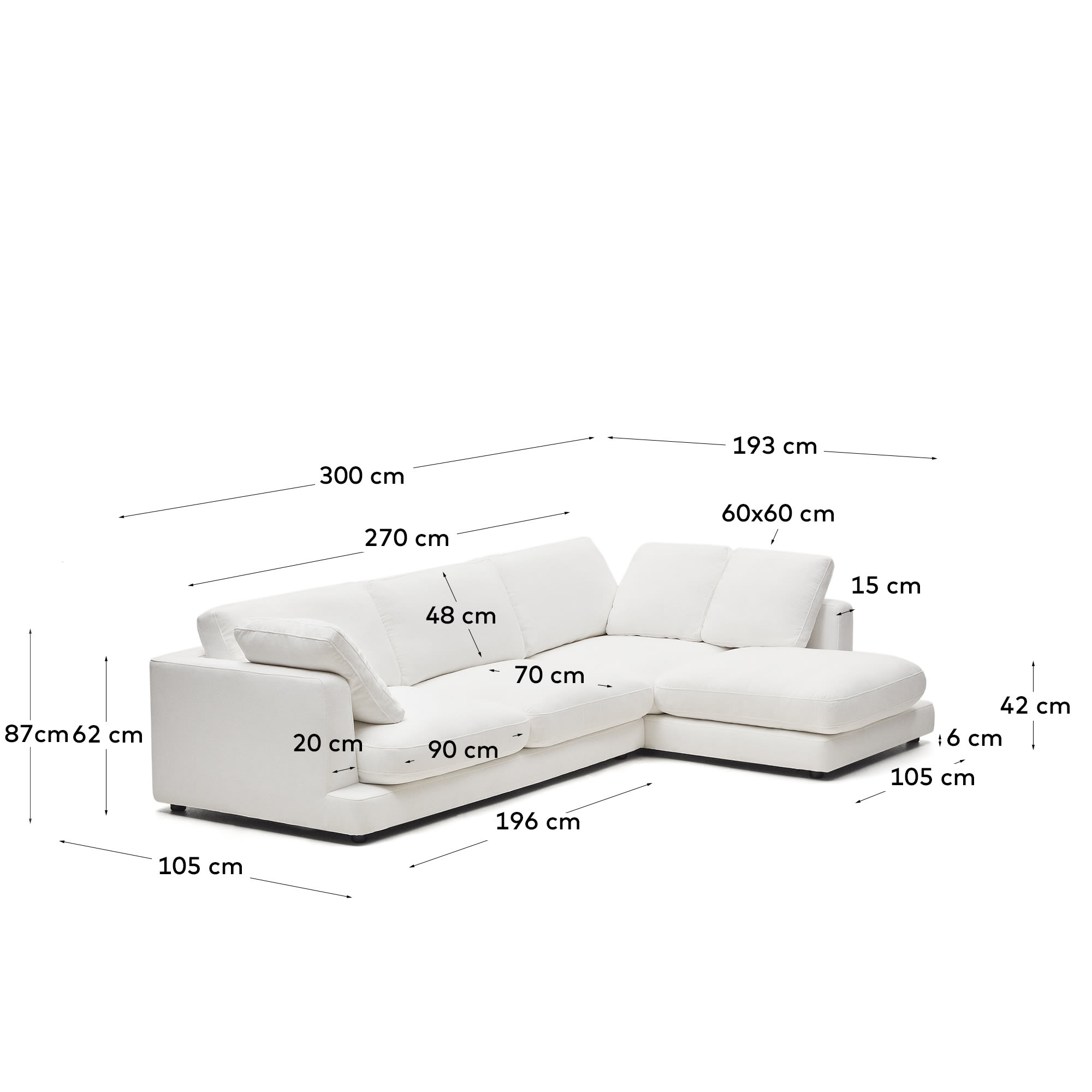 Gala 4-seater sofa with right chaise longue in white chenille FSC Mix Credit 300cm