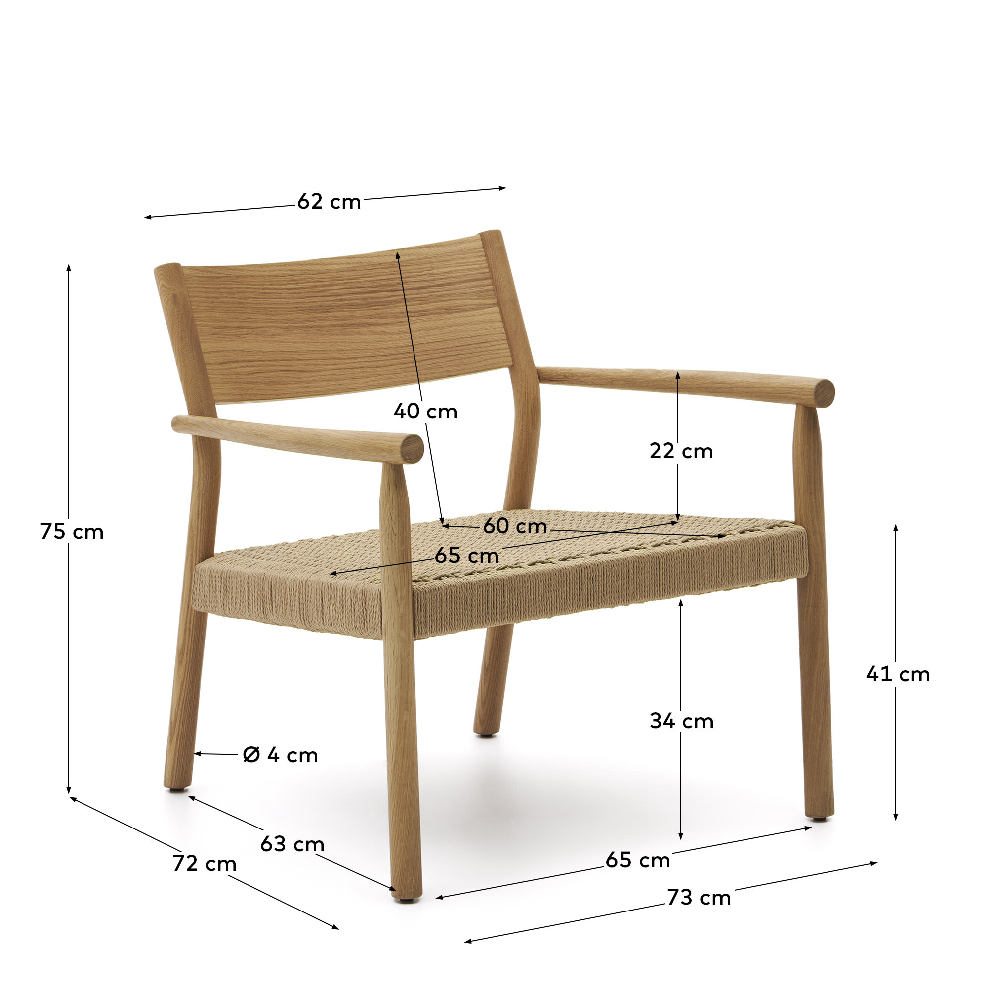 Yalia armchair in solid oak wood with natural finish and paper rope seat FSC Mix Credit