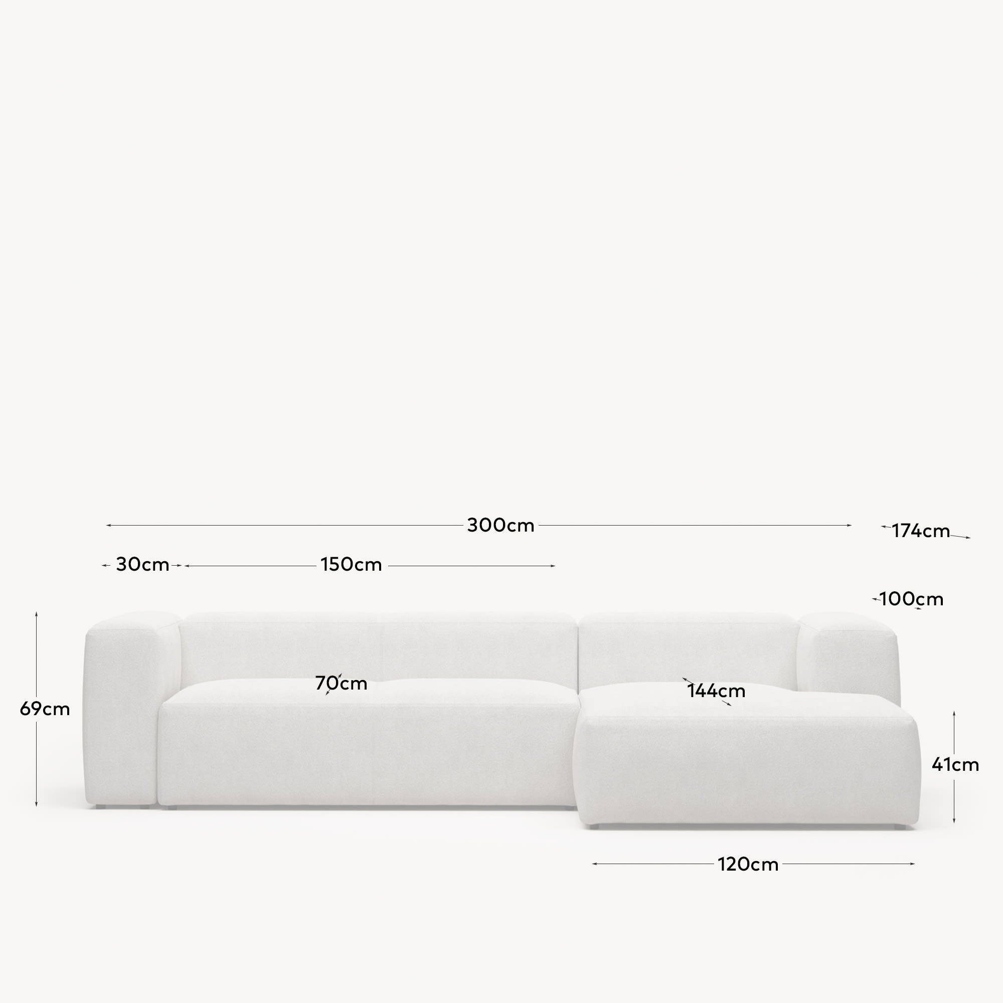 Blok fire-retardant white bouclé 3-seater sofa with right chaise longue 300cm FSC Mix Credit