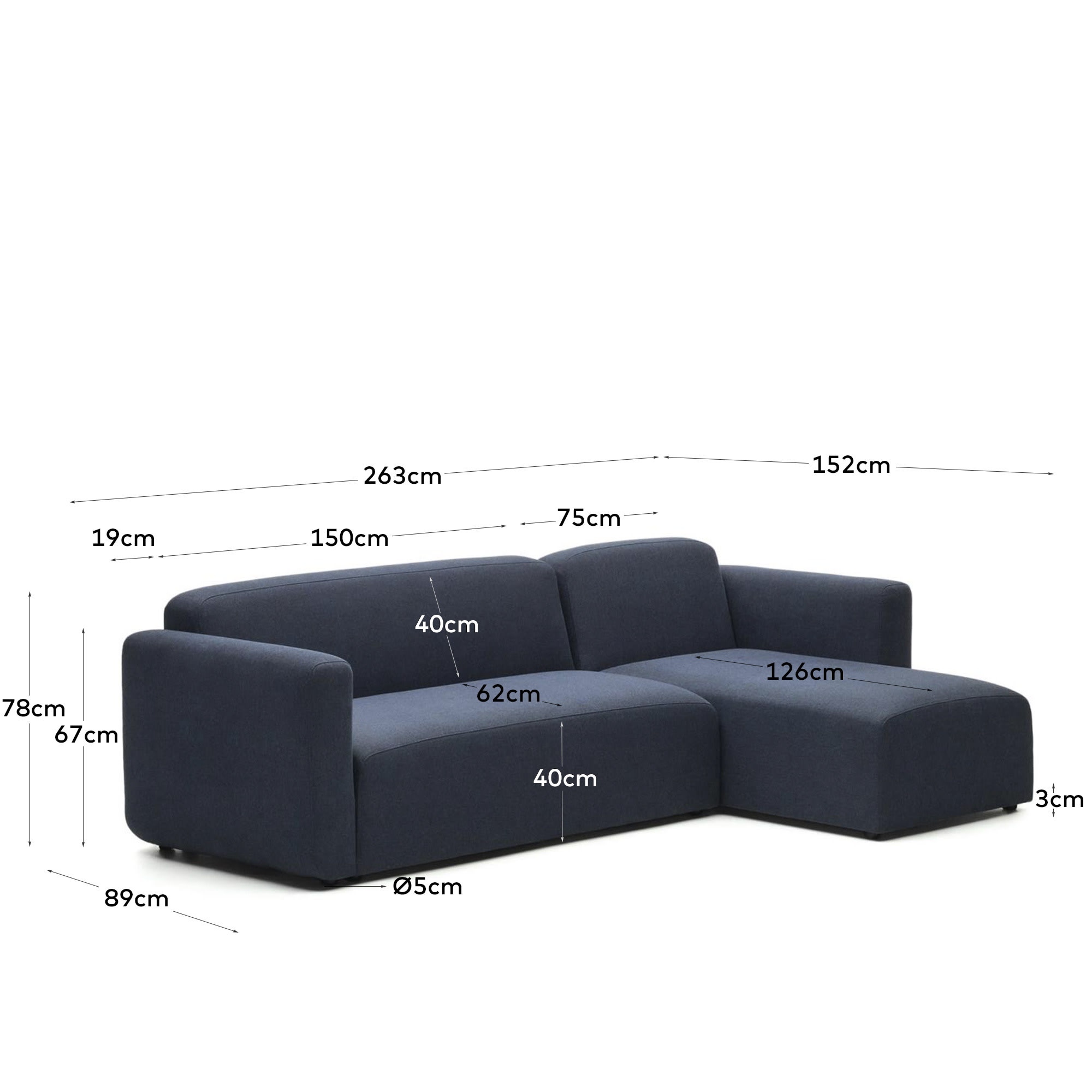 Neom 3 seater modular sofa, right/left chaise longue in blue, 263 cm FSC Mix Credit