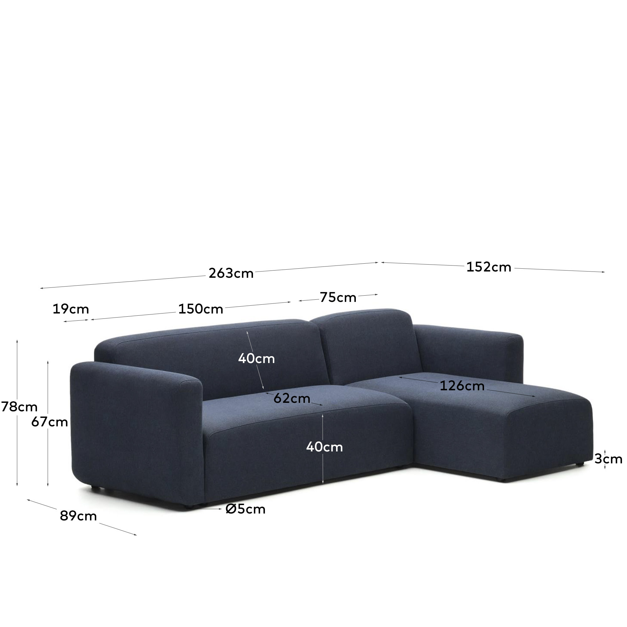 Neom 3 seater modular sofa, right/left chaise longue in blue, 263 cm - sizes