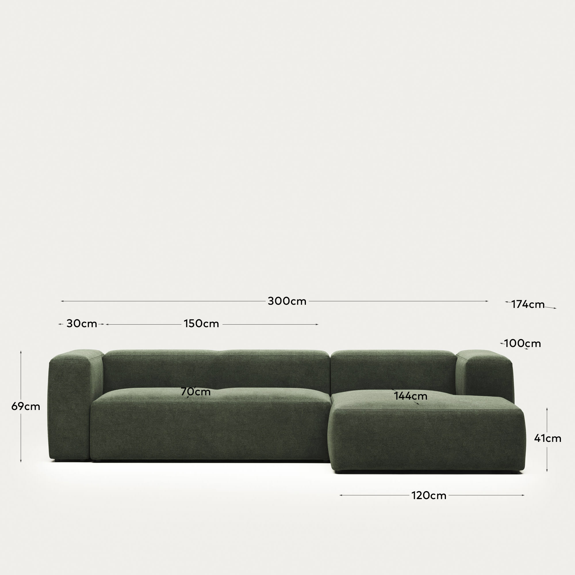 Blok fire-retardant 3-seater sofa with right chaise longue in green chenille 300cm