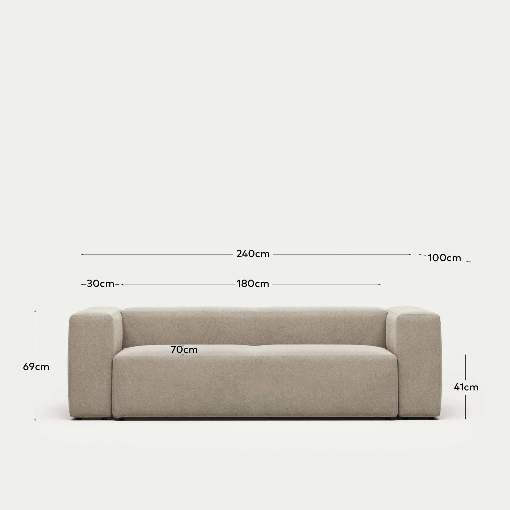 Blok fire-retardant 3-seater sofa in beige chenille 240cm