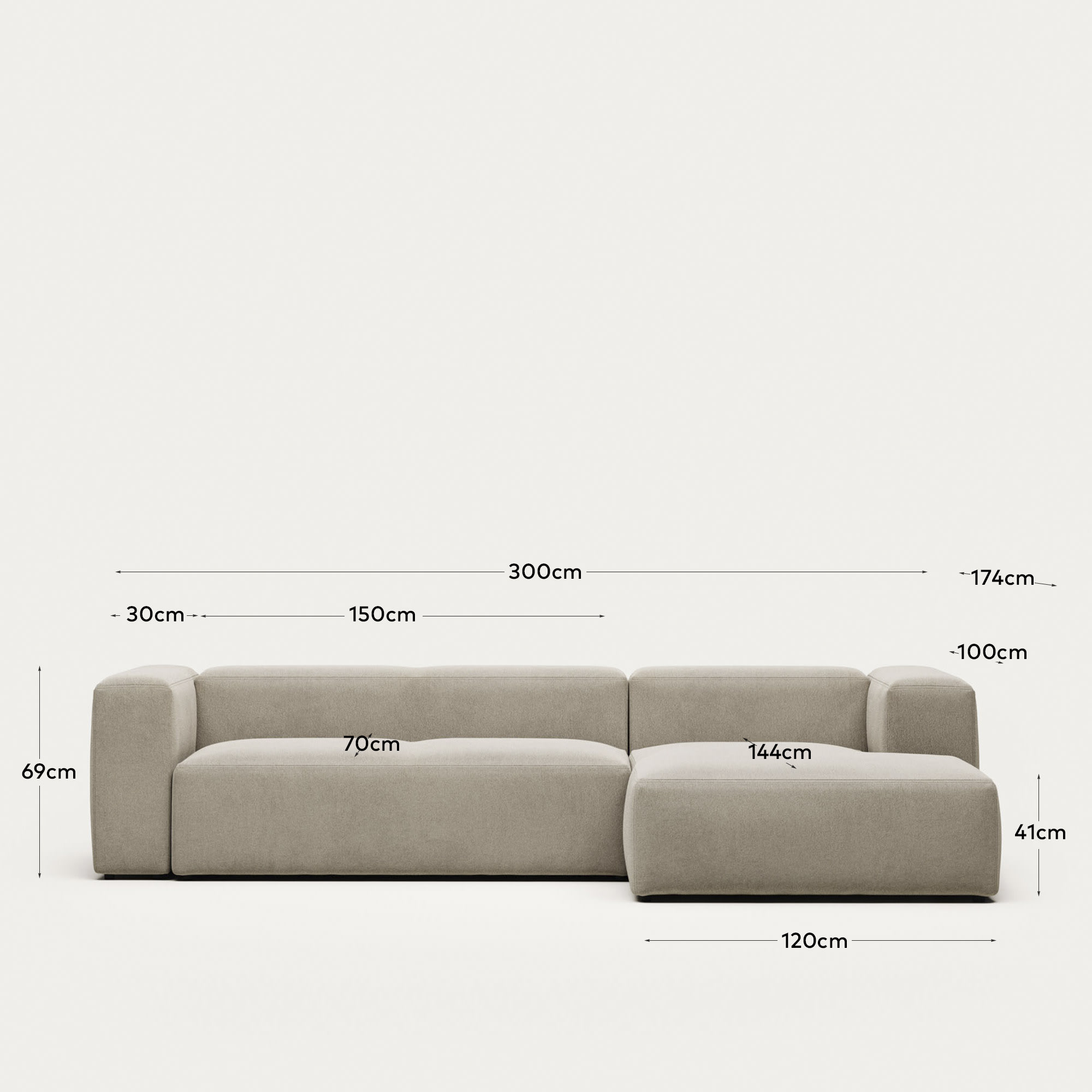 Blok fire-retardant 3-seater sofa with right chaise longue in beige chenille 300cm