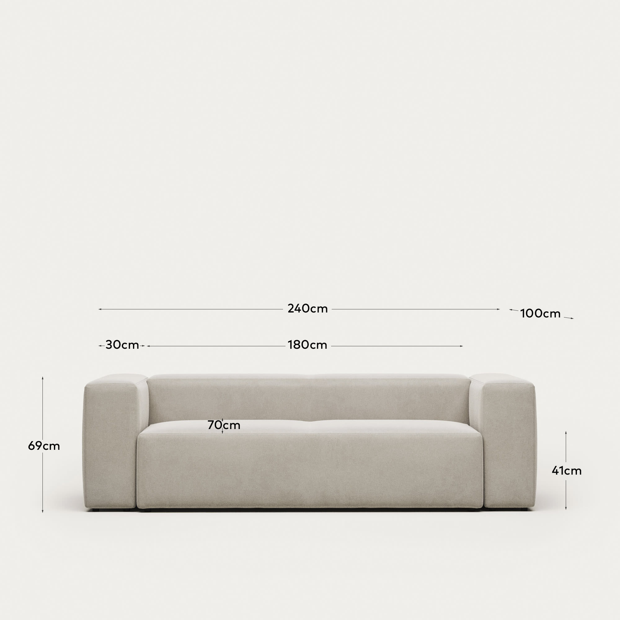 Blok fire-retardant 3-seater sofa in white chenille 240cm