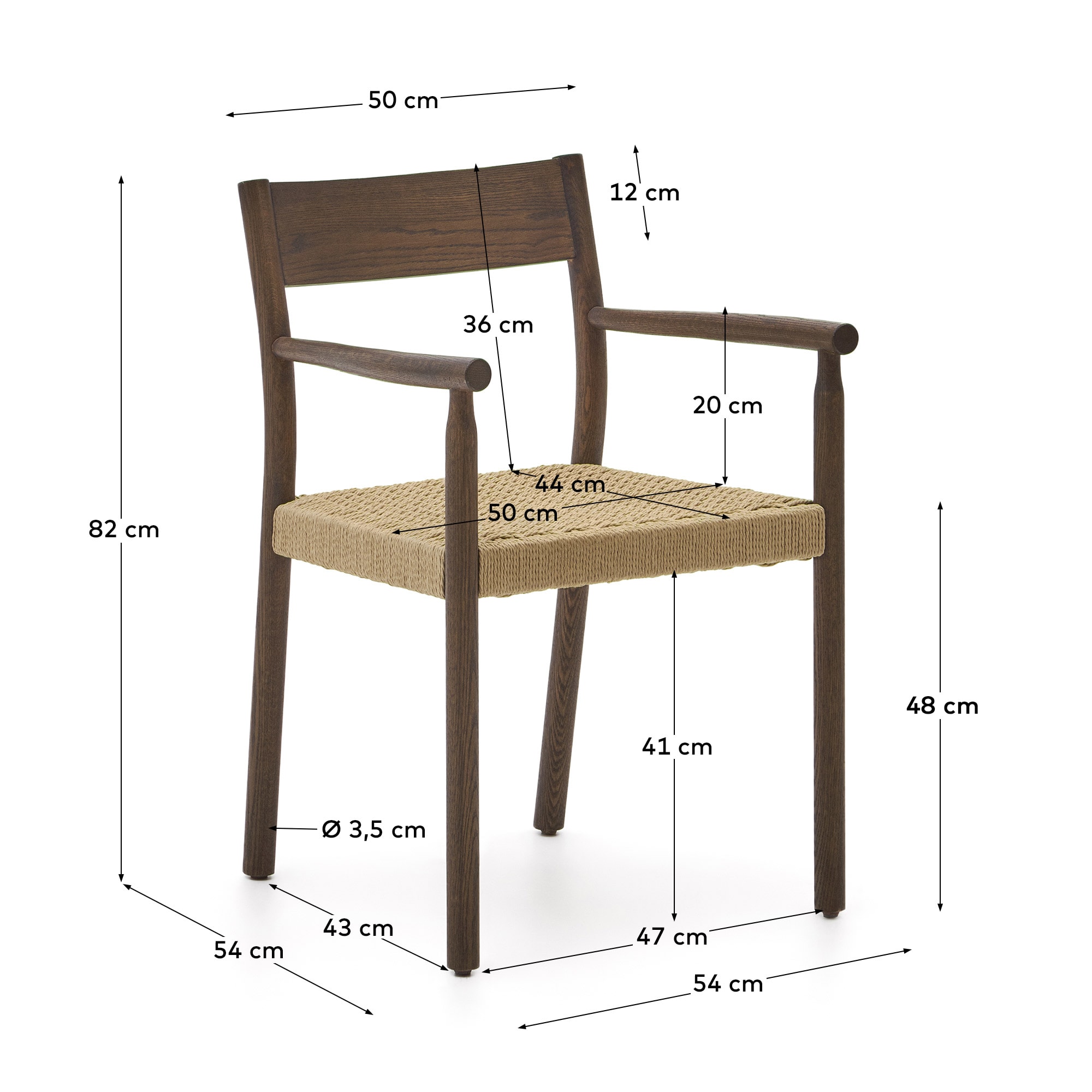 Yalia chair in solid oak wood with walnut finish and rope seat FSC Mix Credit