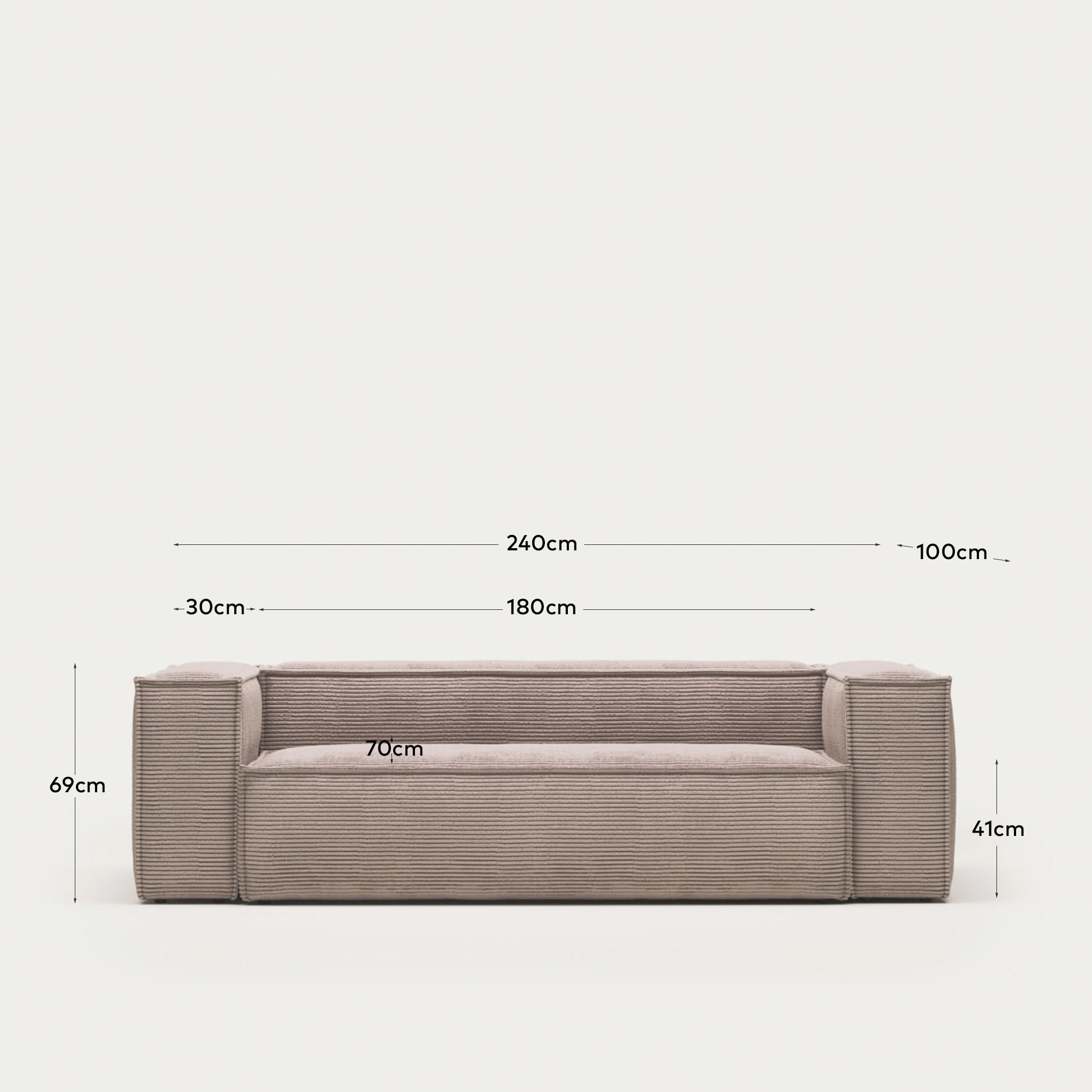 Blok 3 seater sofa in pink corduroy, 240 cm FR