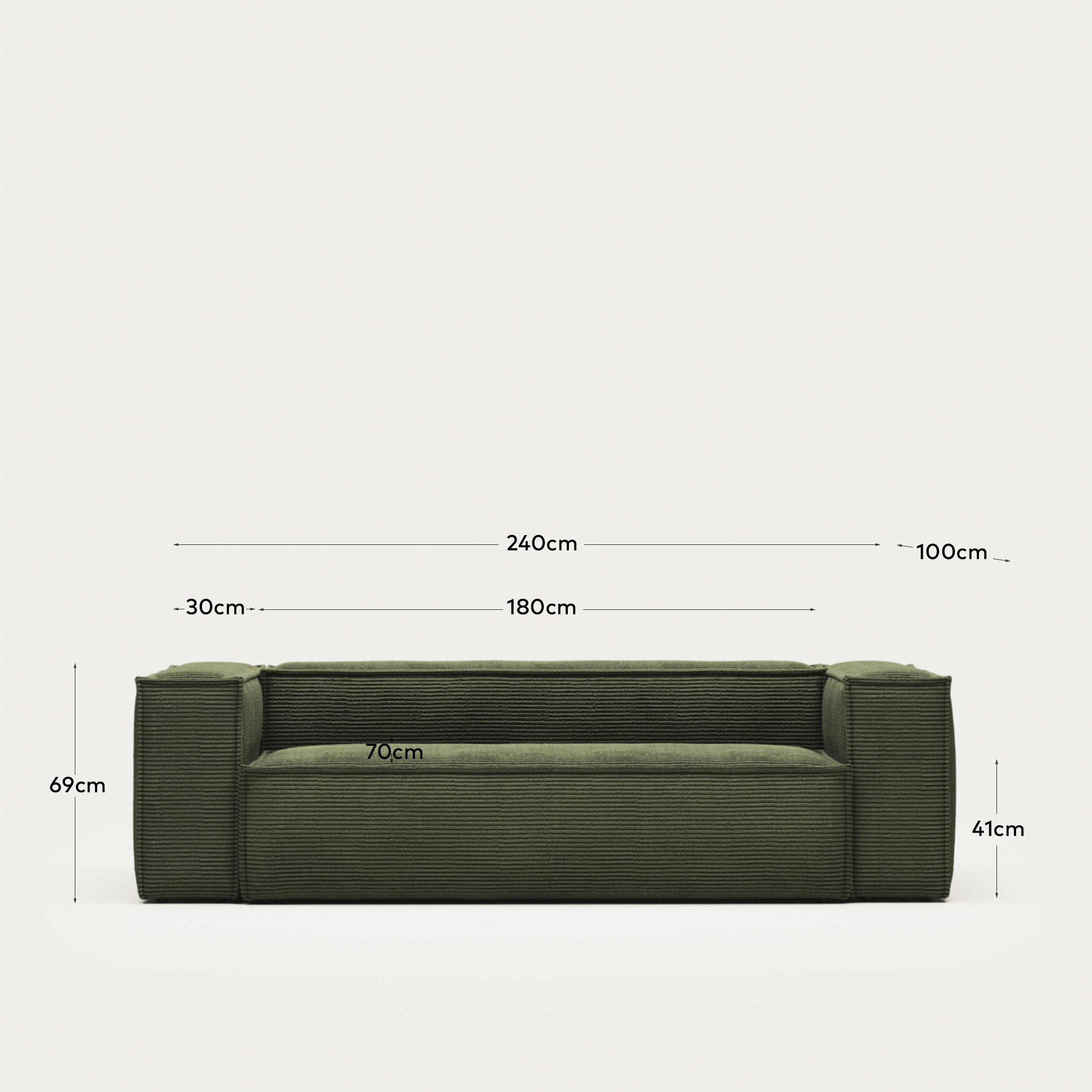 Blok fire-retardant 3-seater sofa in thick green corduroy 240cm FSC Mix Credit