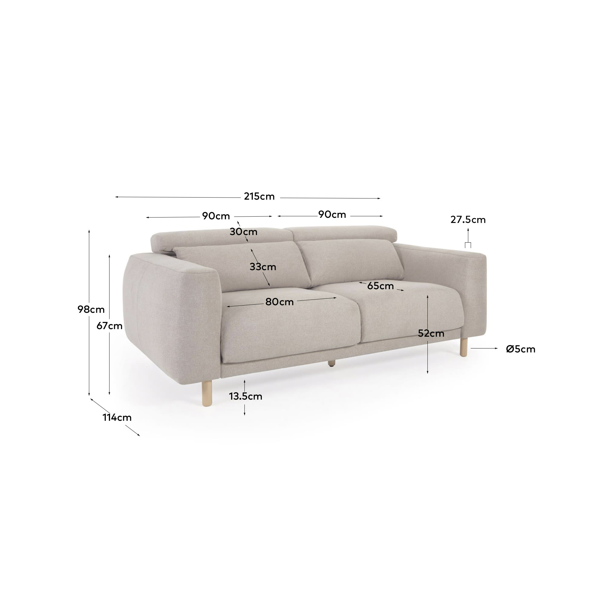 Singa 3 seater sofa with reclining headrest and extendable seat in beige 215 cm FSC Mix Credit