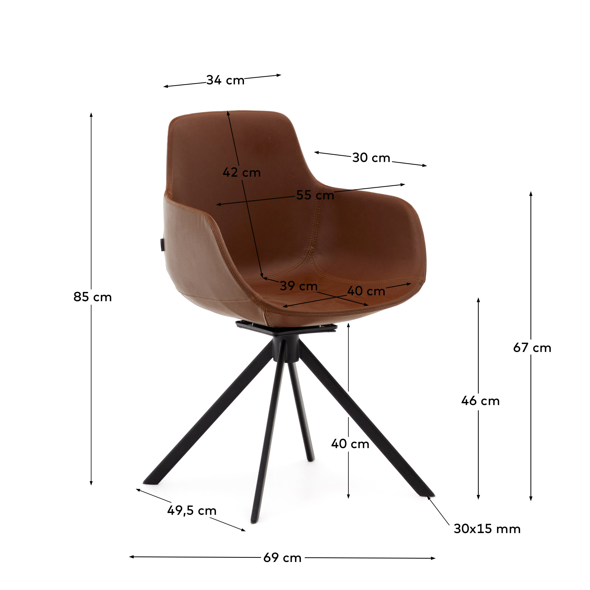Tissiana self-centring swivel chair in brown polyurethane and matte black steel