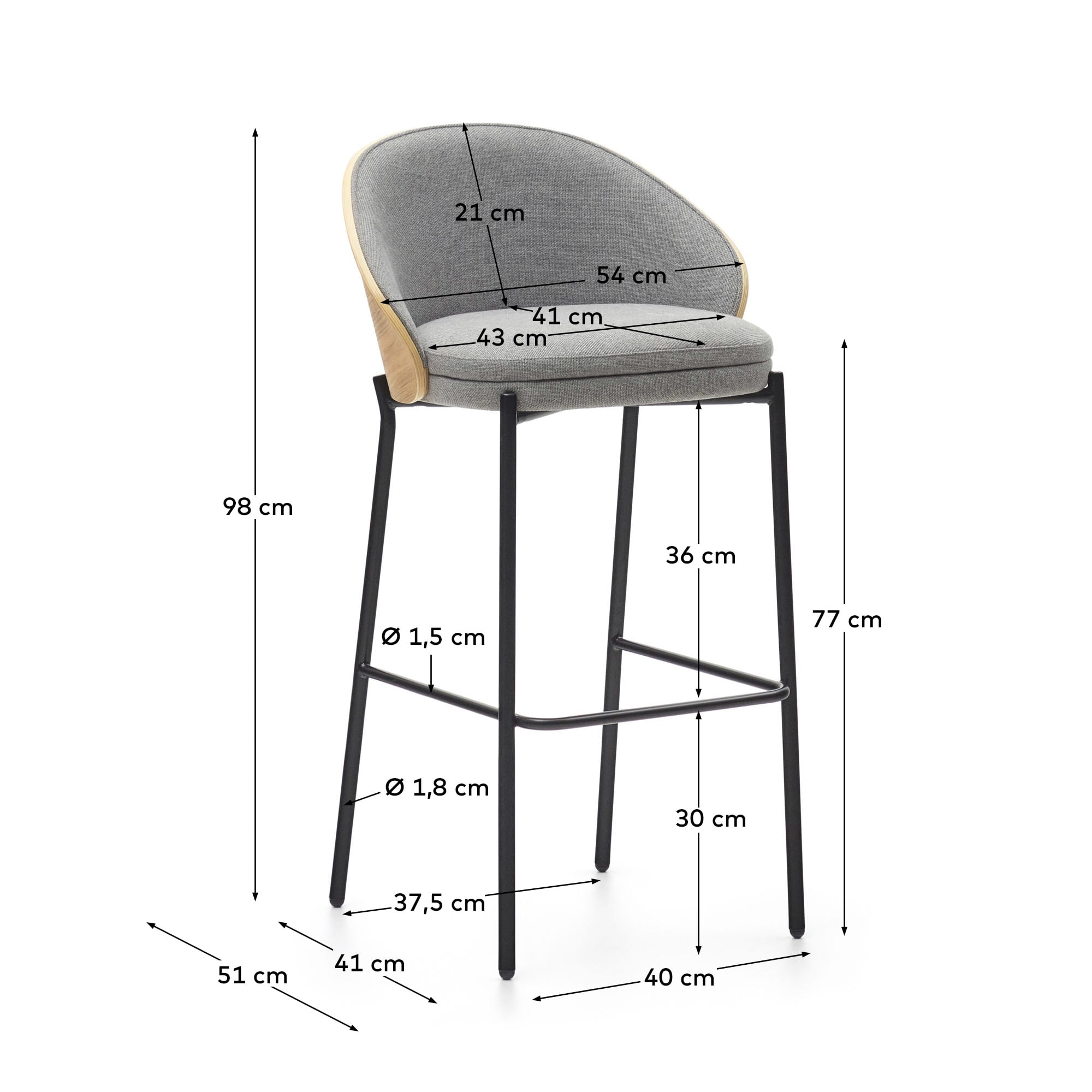 Eamy stool light grey chenille and ash wood veneer with a natural finish and black metal, 77 cm
