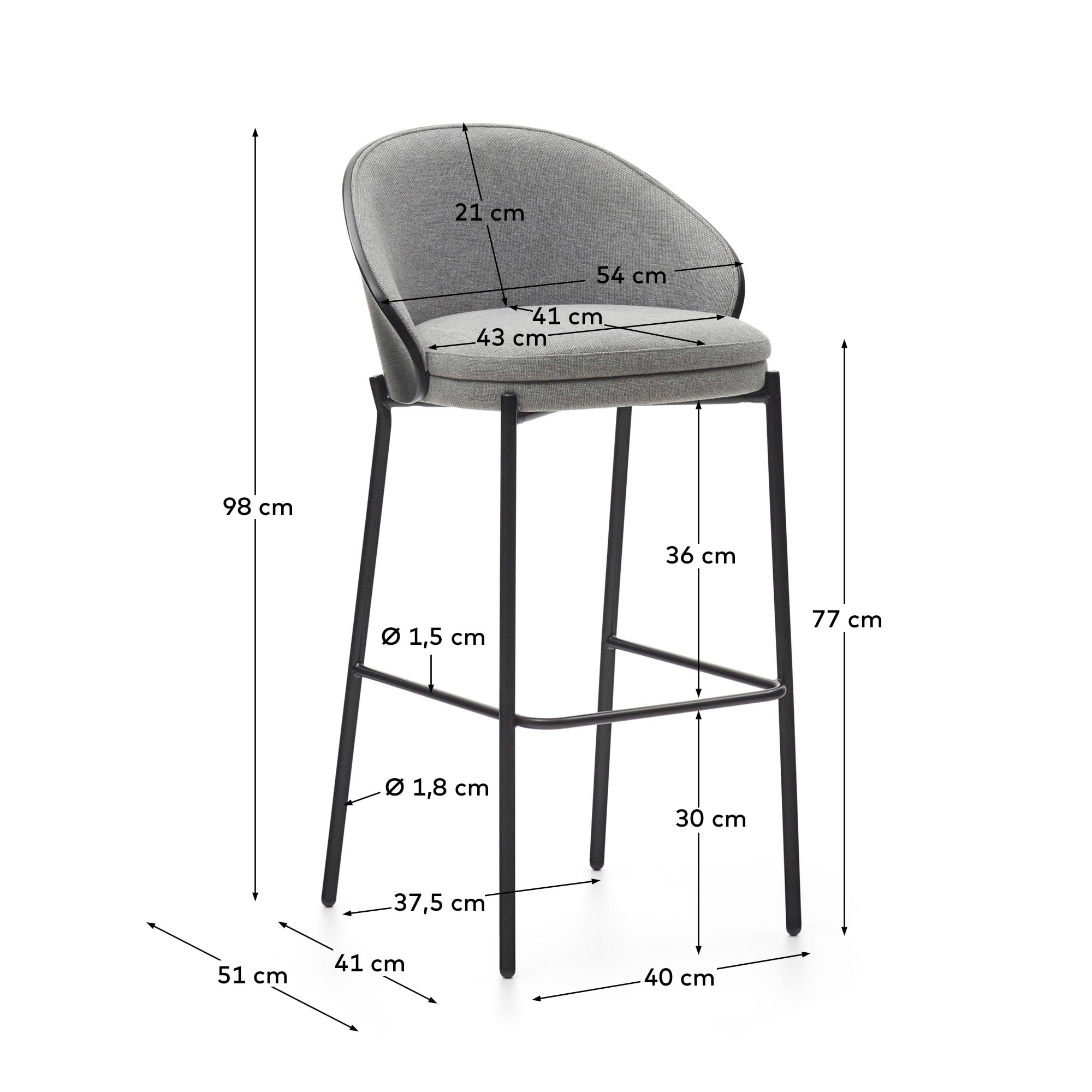 Eamy stool light grey chenille and ash wood veneer with a black finish and black metal, 77 cm
