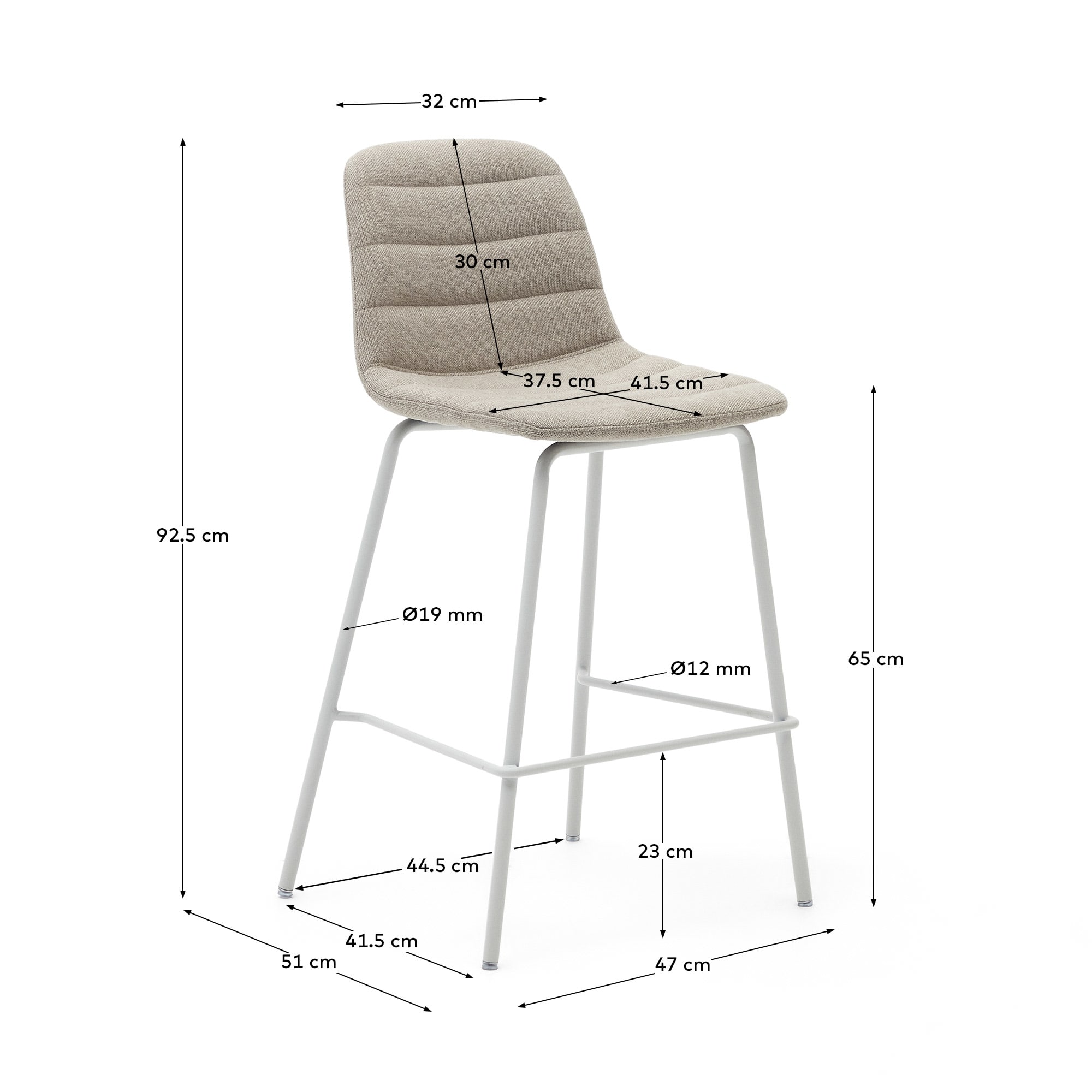 Zunilda stool in beige chenille and steel with matt white finish height 65 cm FSC 100%