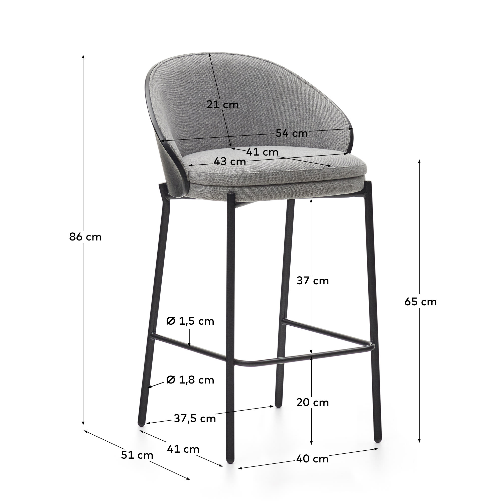 Eamy stool light grey chenille and ash wood veneer with a black finish and black metal, 65 cm