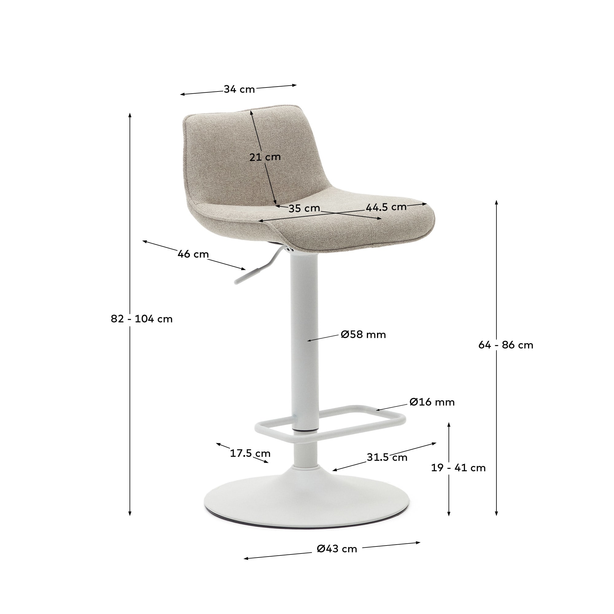 Zenda stool in beige chenille and matt white steel 81-102 cm FSC 100%