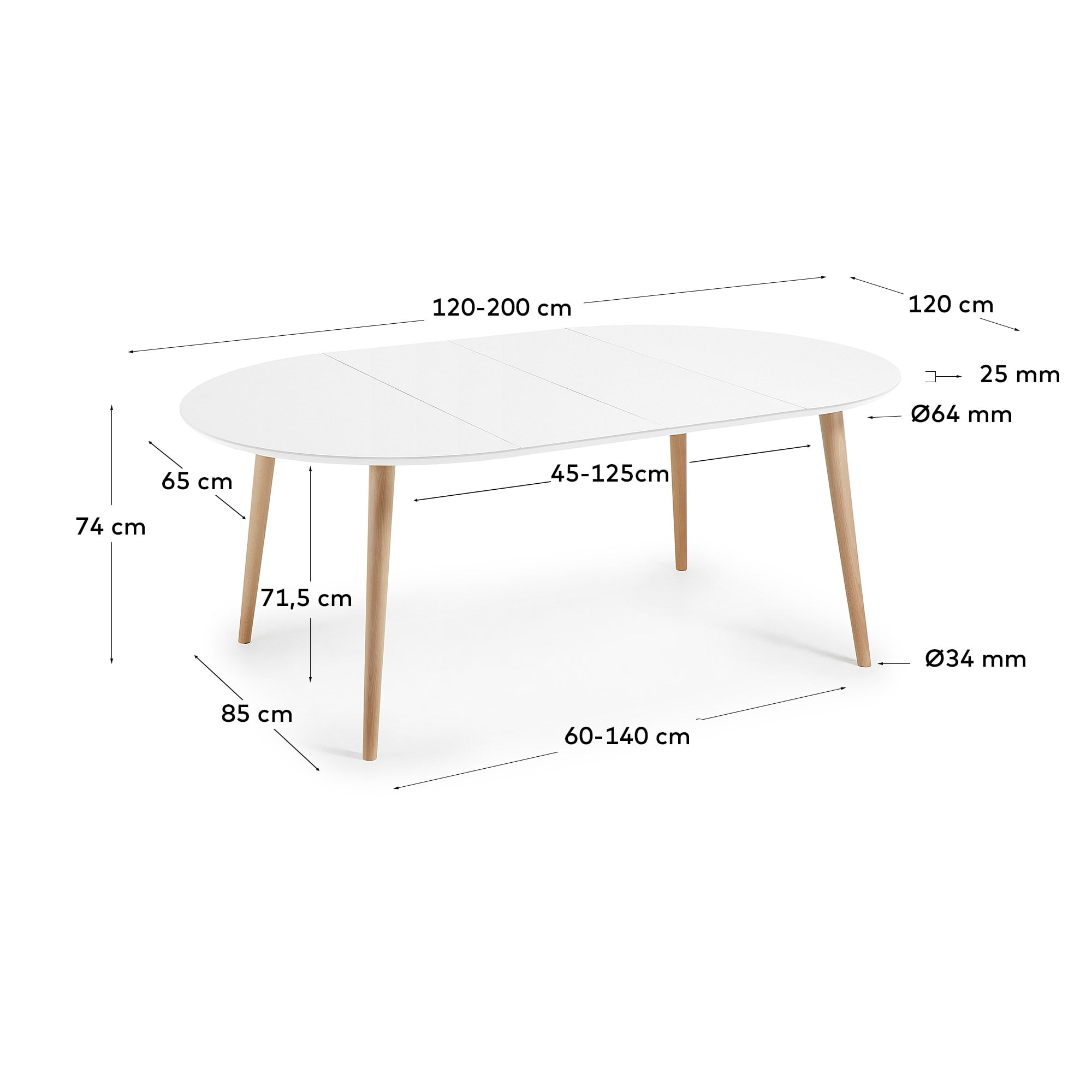 오퀴 화이트 확장형 다이닝 테이블 (정원형/ 120 x 120-200cm) - 크기