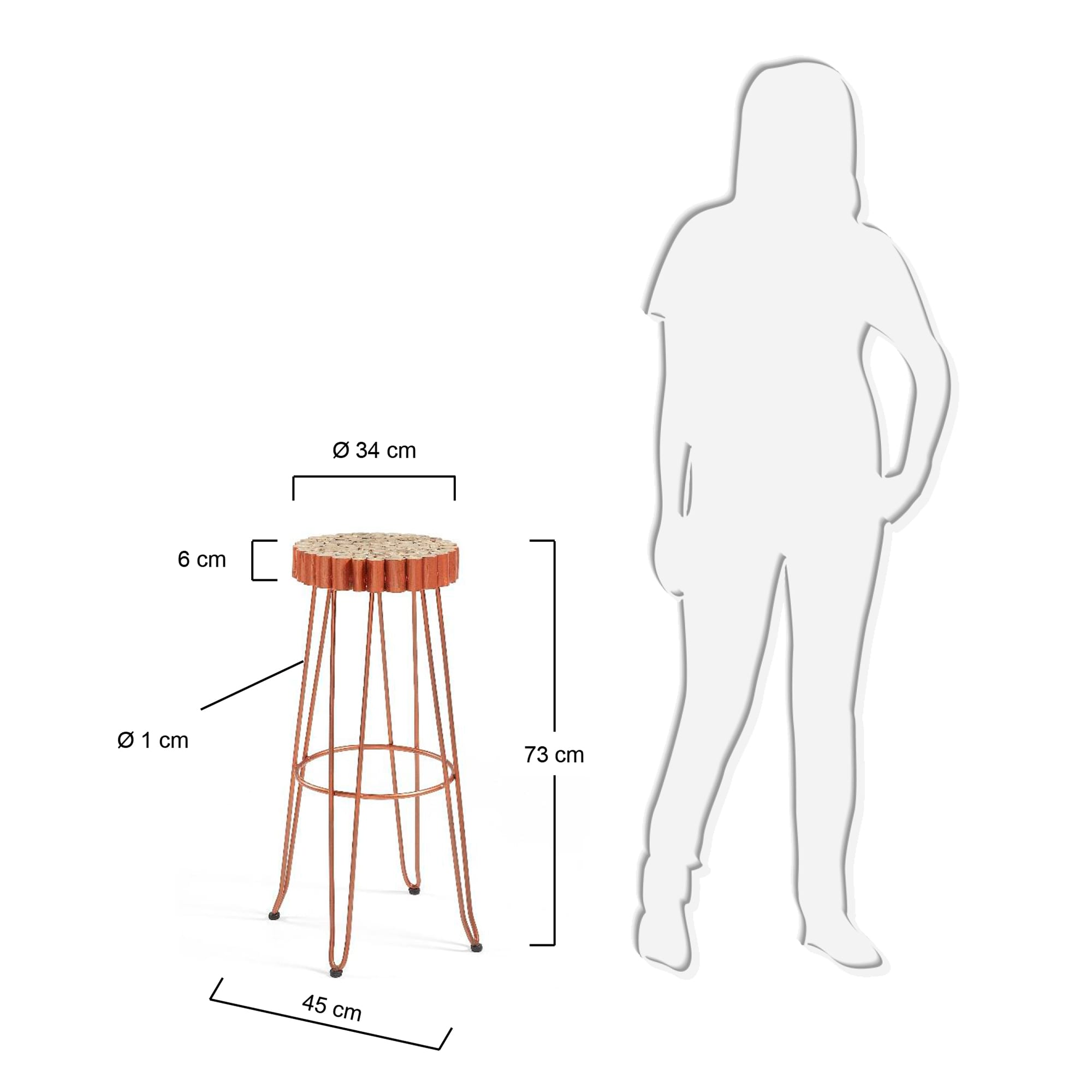 Everet solid mungur wood bar stool with copper effect metal legs - sizes