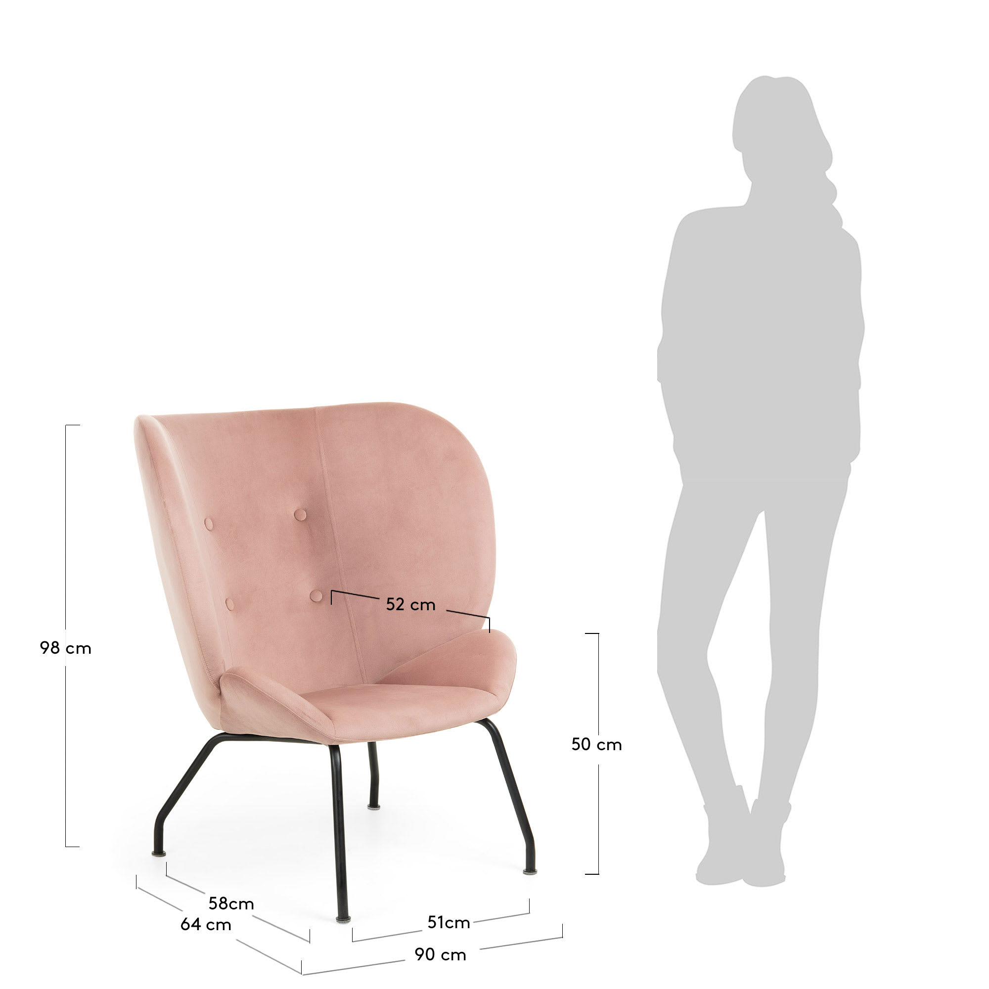 Violet armchair in pink velvet with steels legs in a gold finish - sizes