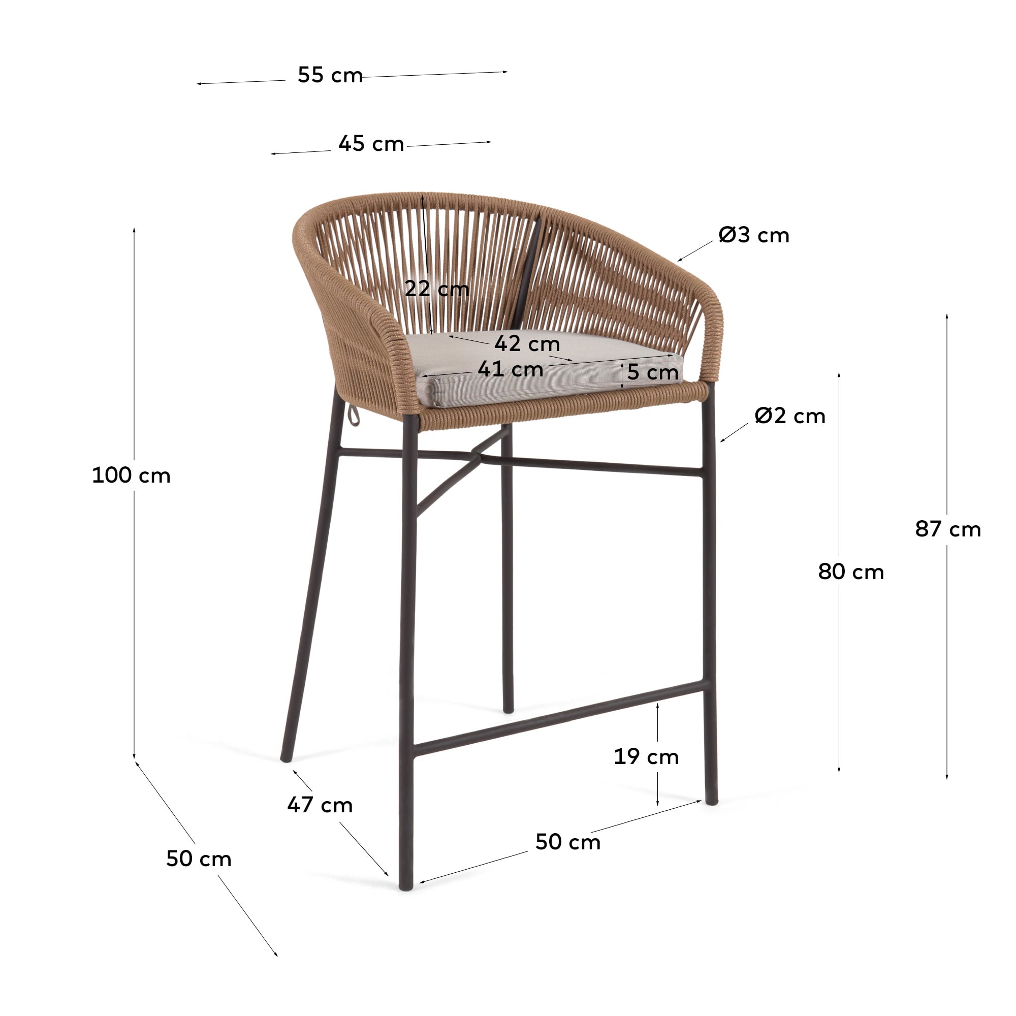 Yanet stool made from beige cord and galvanised steel, height 80 cm