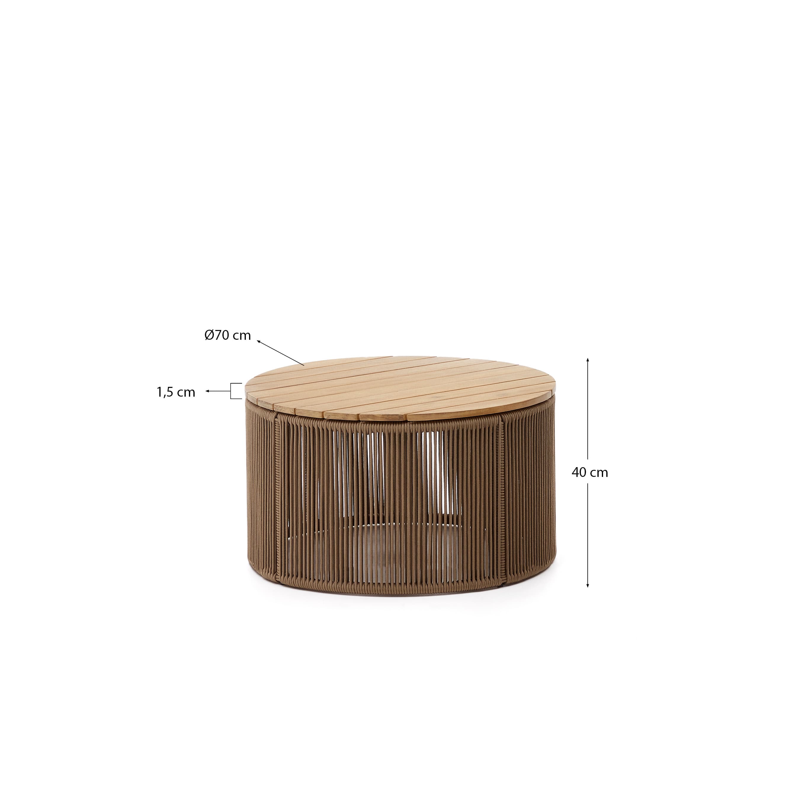 Dandara coffee table made of steel, beige cord and 100% FSC solid acacia wood, Ø70 cm - sizes