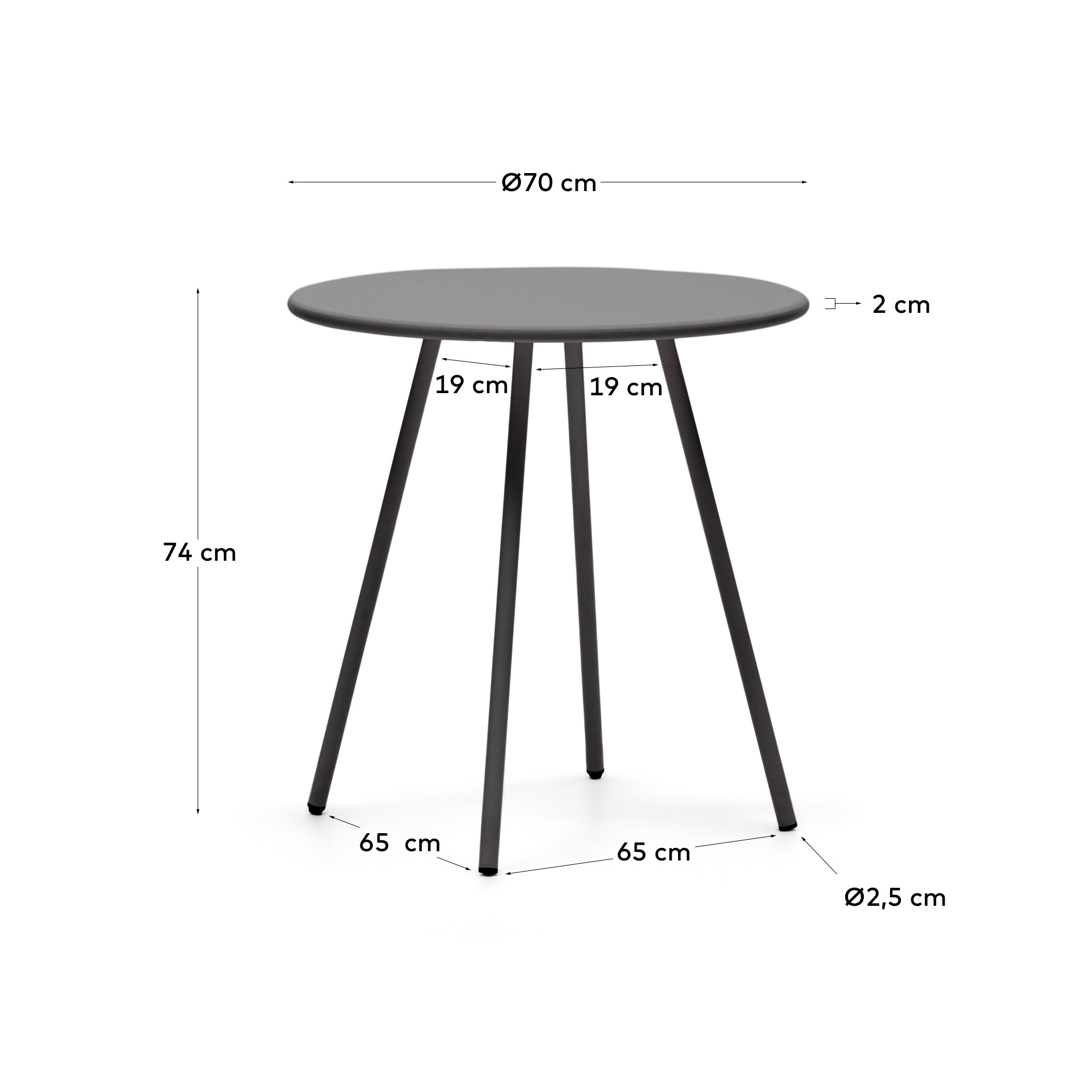 Montjoi round outdoor table in steel with a grey finish, Ø 70 cm - sizes