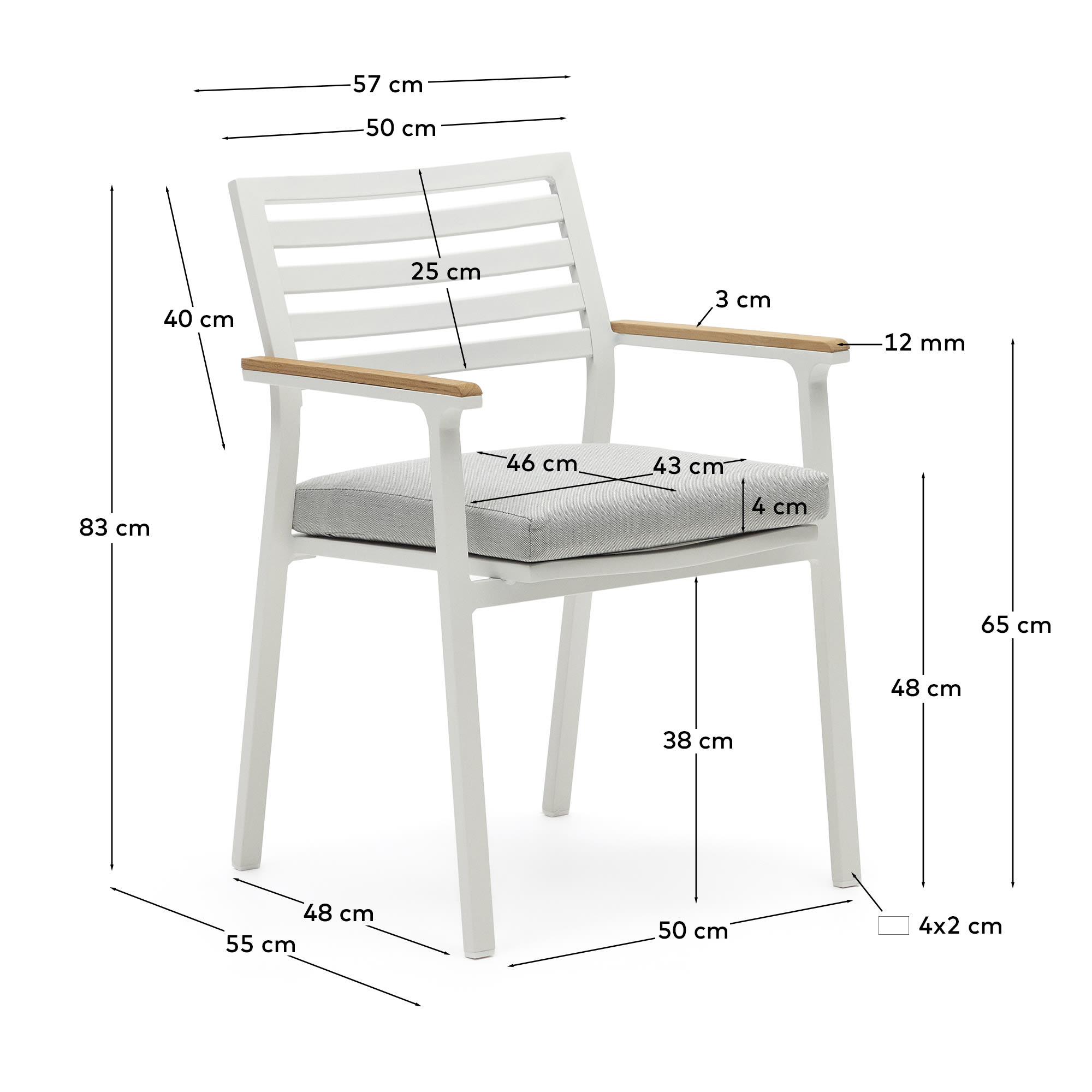 Bona stackable outdoor chair in aluminium with white finish and solid teak wood armrests
