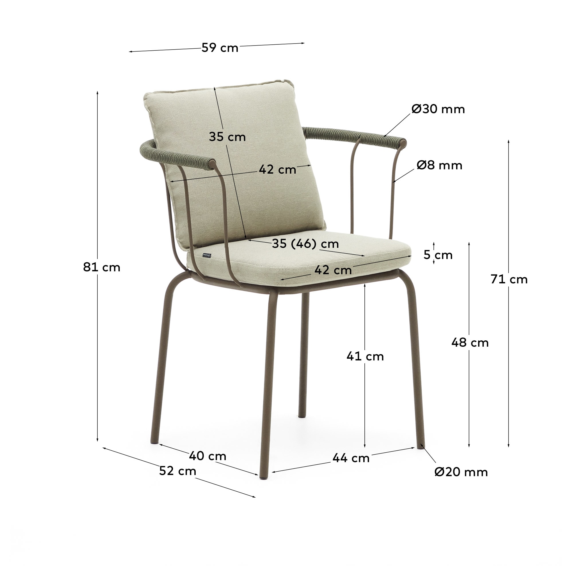Salguer stackable chair in cord and steel with brown painted finish