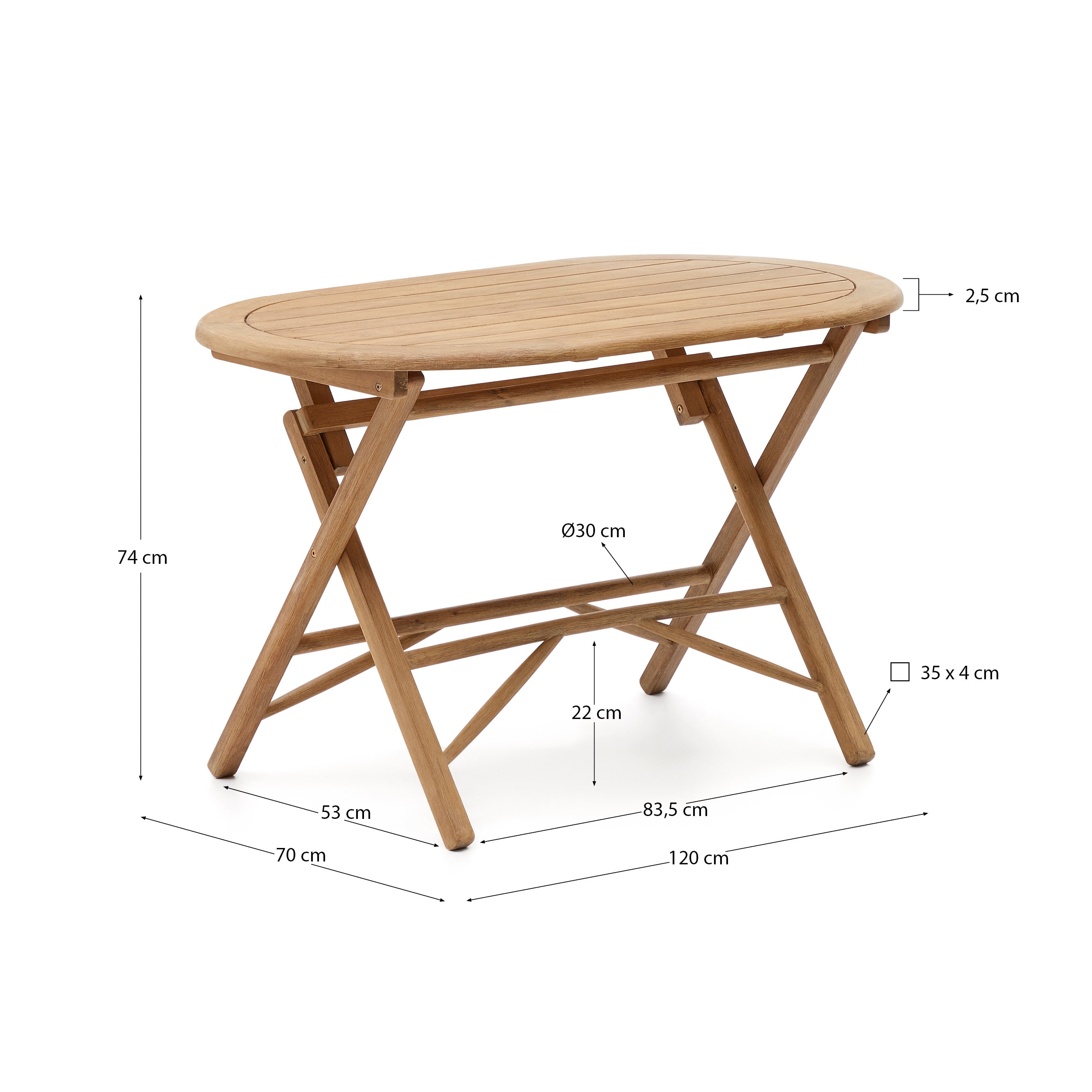 Dandara folding table in 100% FSC solid acacia wood natural finish, Ø 120 x 60 cm - sizes