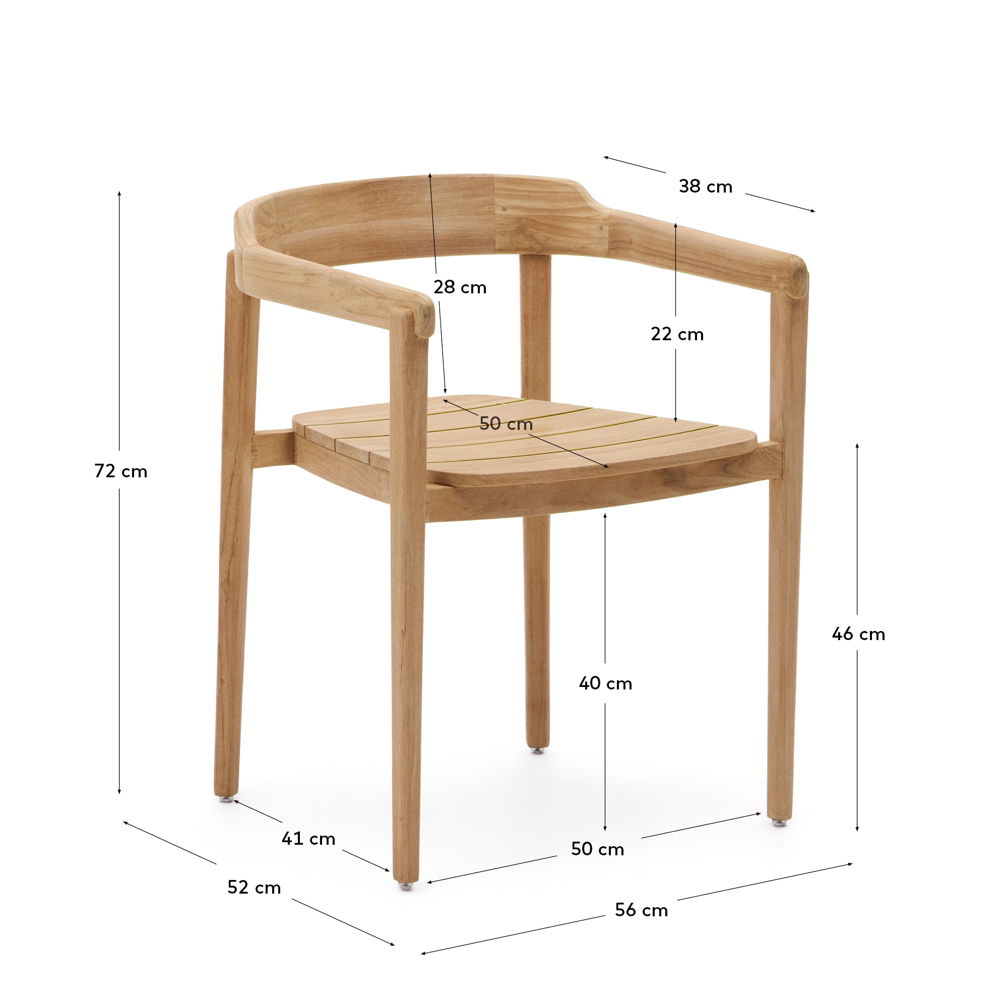 Icaro stackable solid teak wood chair in a natural finish, 100% FSC - 크기