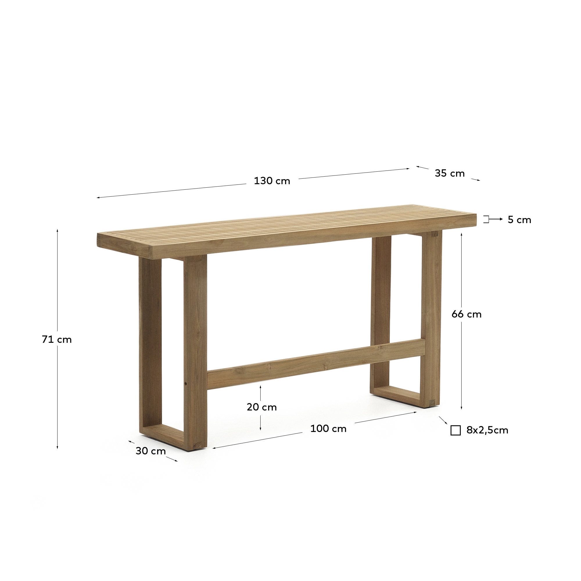 Canadell 100% outdoor tall bench in solid teak wood, 130 cm