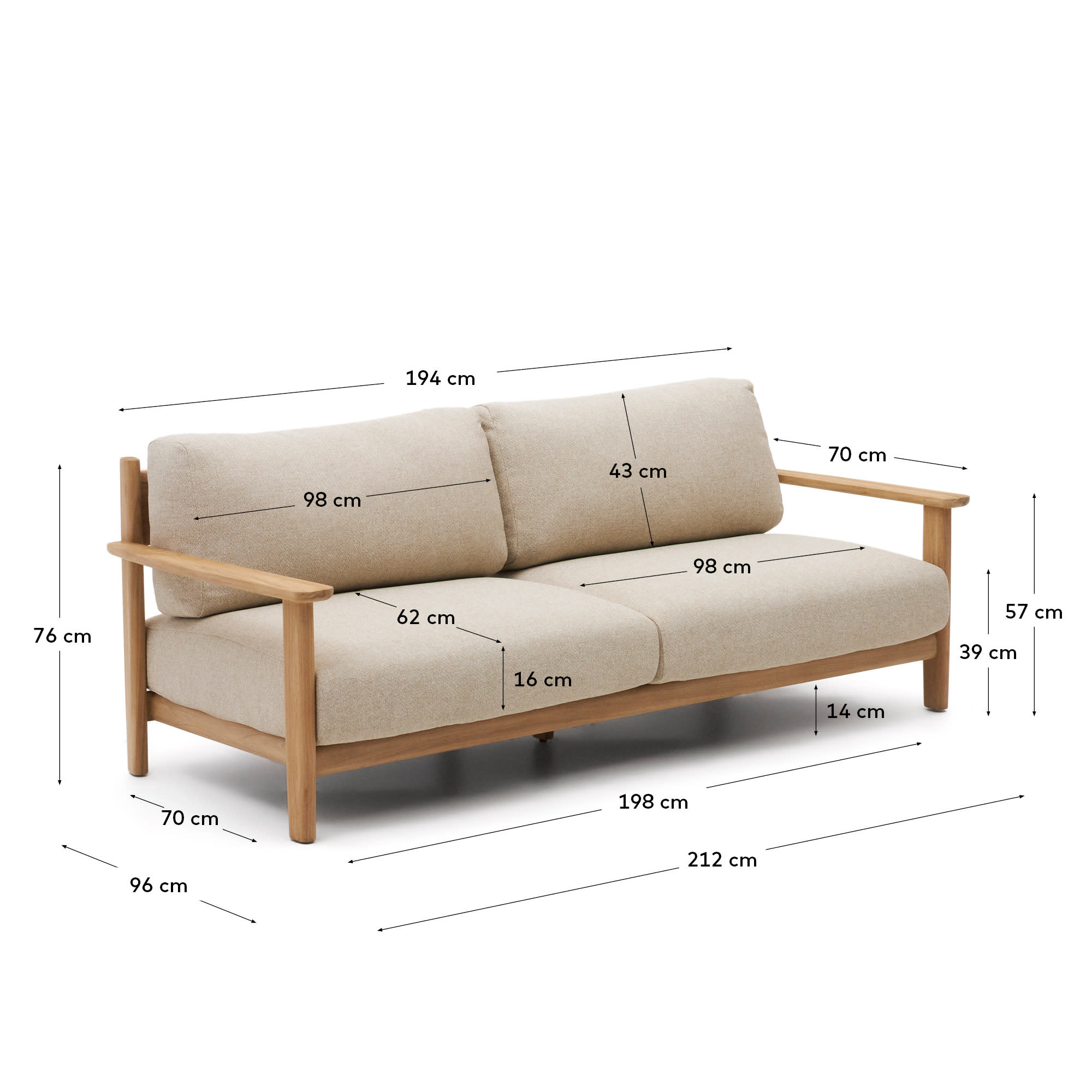 Tirant 3-seater sofa made from solid teak wood 212 cm 100% FSC - sizes
