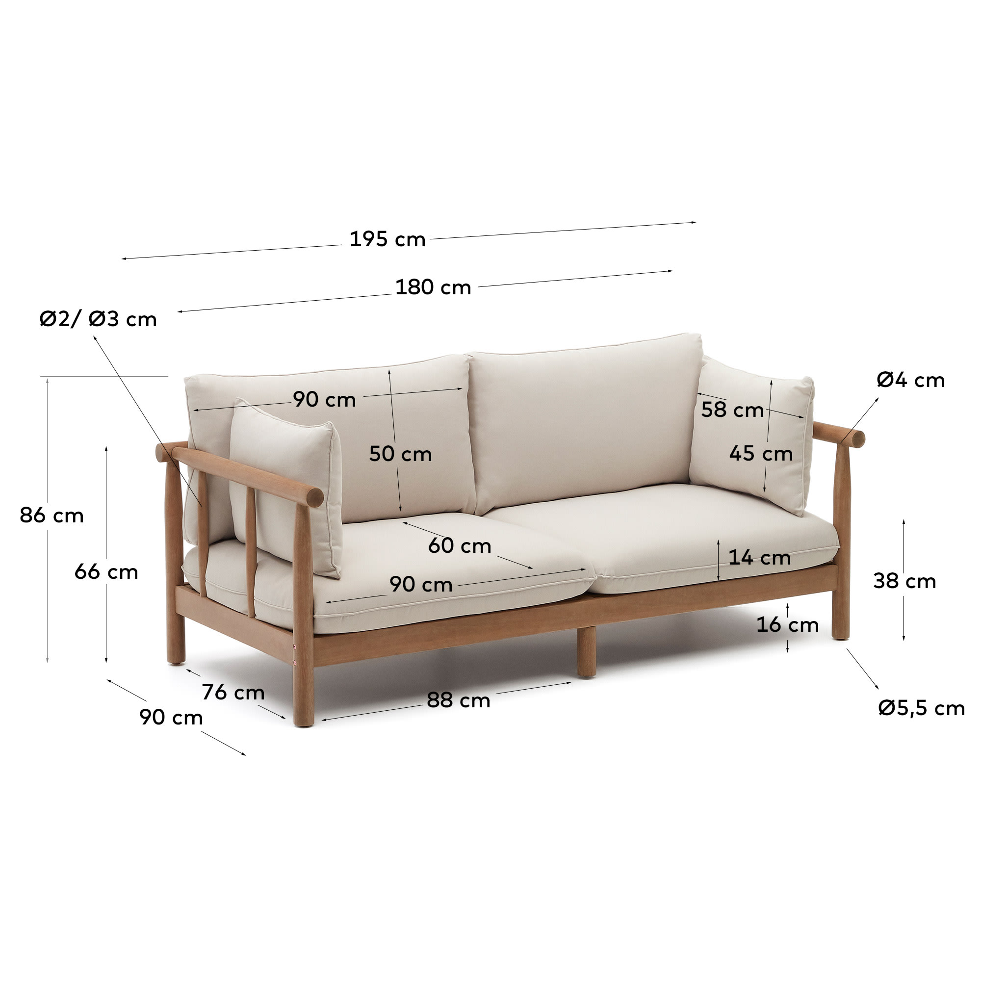 Sacova 2 seater sofa, made from solid eucalyptus wood 195 cm - sizes