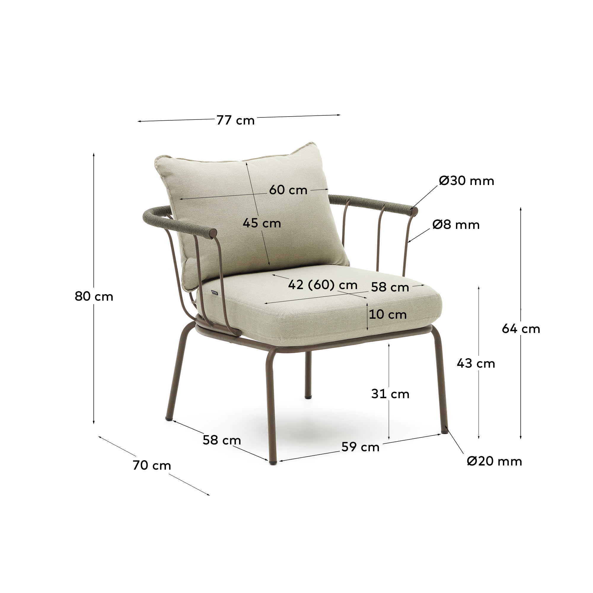 Salguer armchair in green cord and steel with a brown painted finish