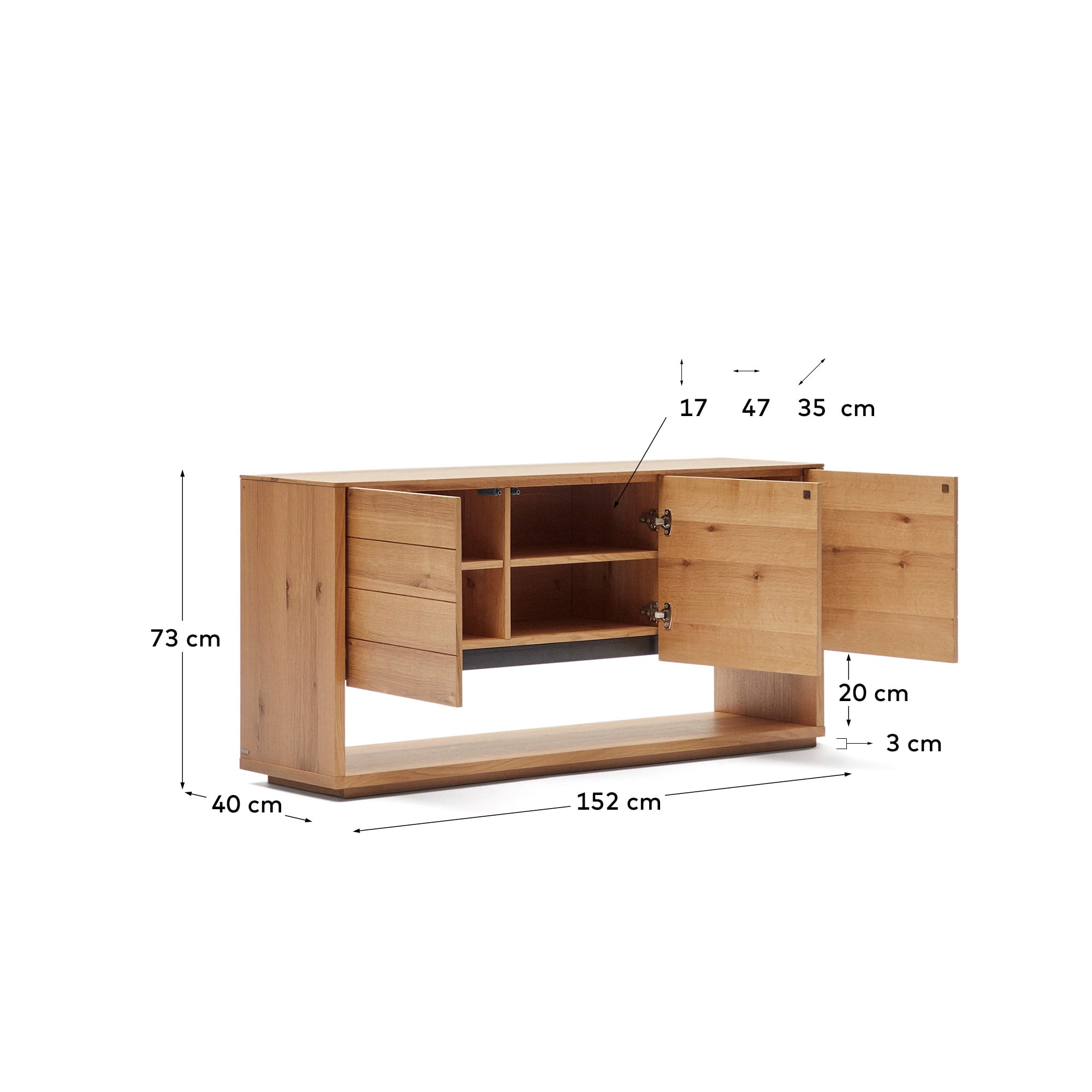 Alguema sideboard with 3 doors in oak veneer with natural finish, 151 x 73 cm
