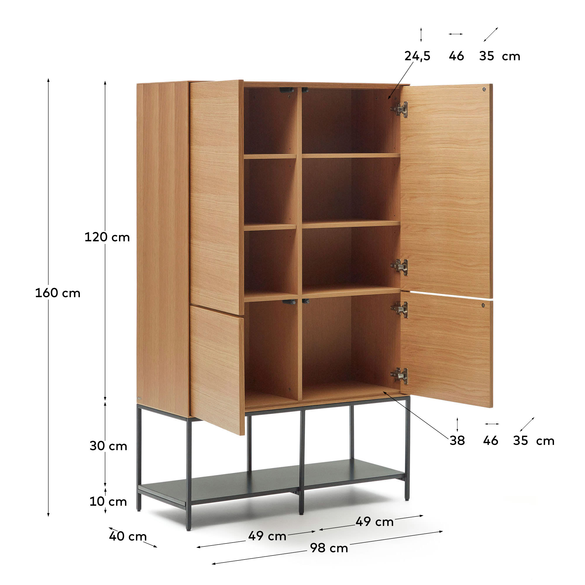 Vedrana 4 door tall sideboard in oak veneer with steel legs, 97.5 x 160 cm