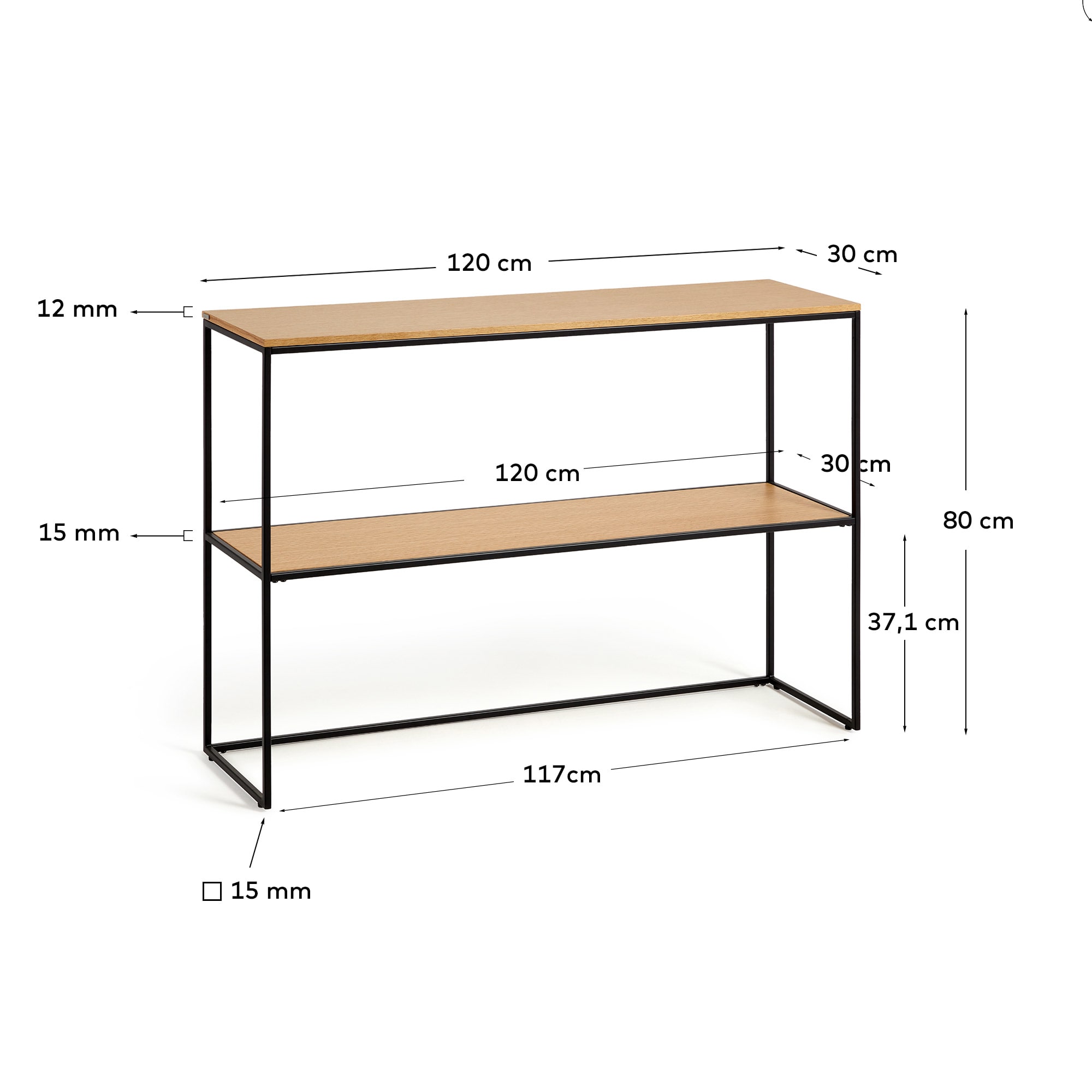 Yoana console table with oak wood veneer and painted black metal structure, 120 x 80 cm