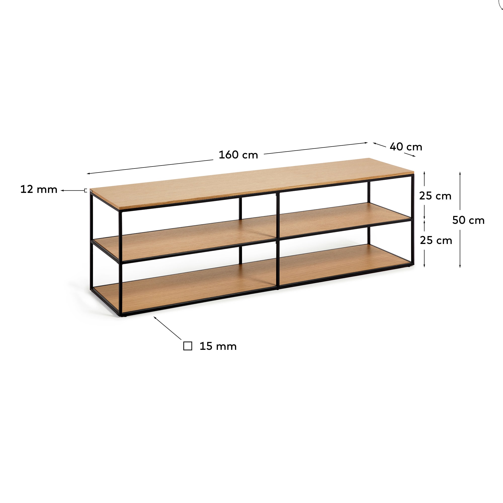 Yoana TV stand with an oak wood veneer and painted black metal structure, 160 x 40 cm